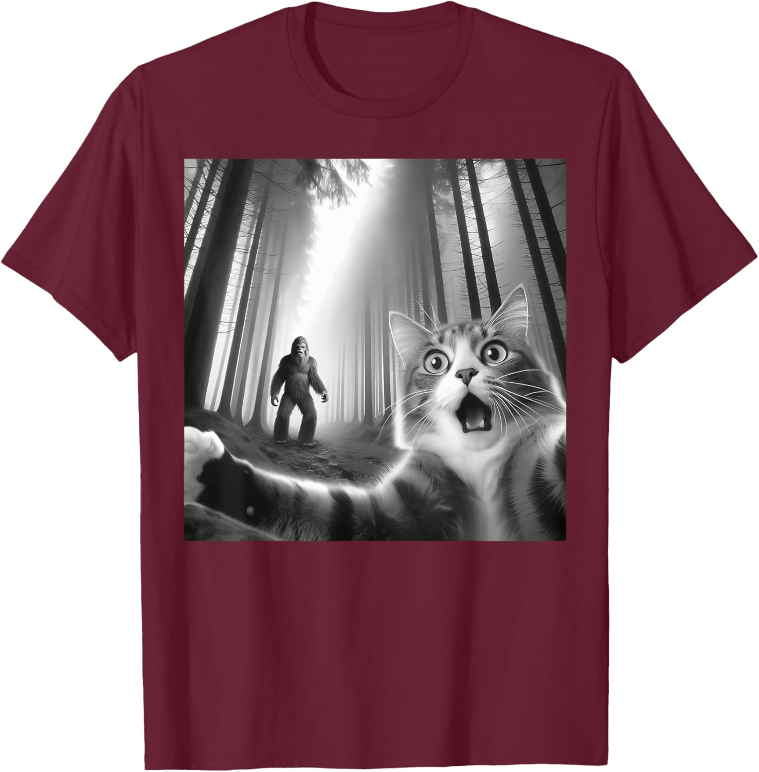Funny Scared Cat Bigfoot Selfie T-Shirt for Men, Women, and Kids - 5