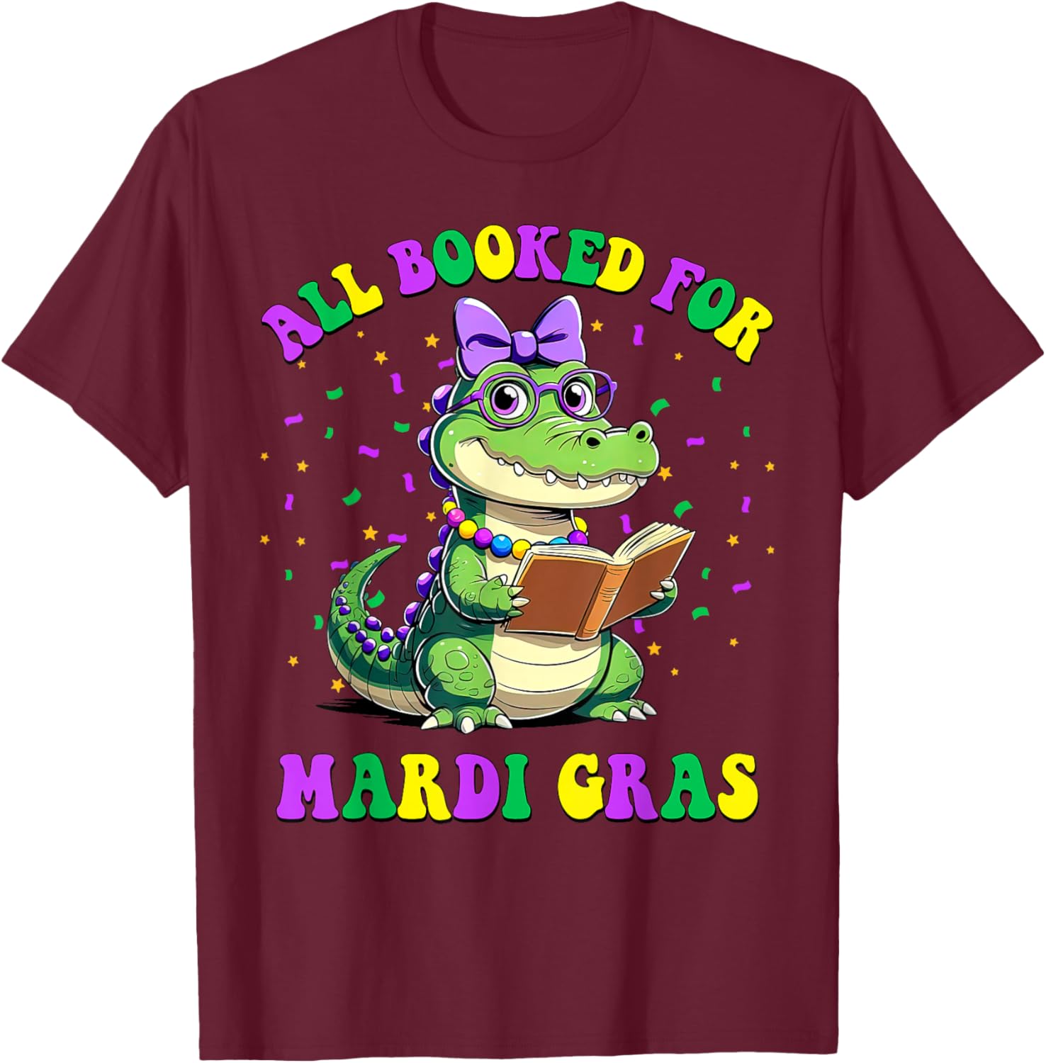 Mardi Gras Crocodile Teacher T-Shirt for Book Lovers and Readers - 5