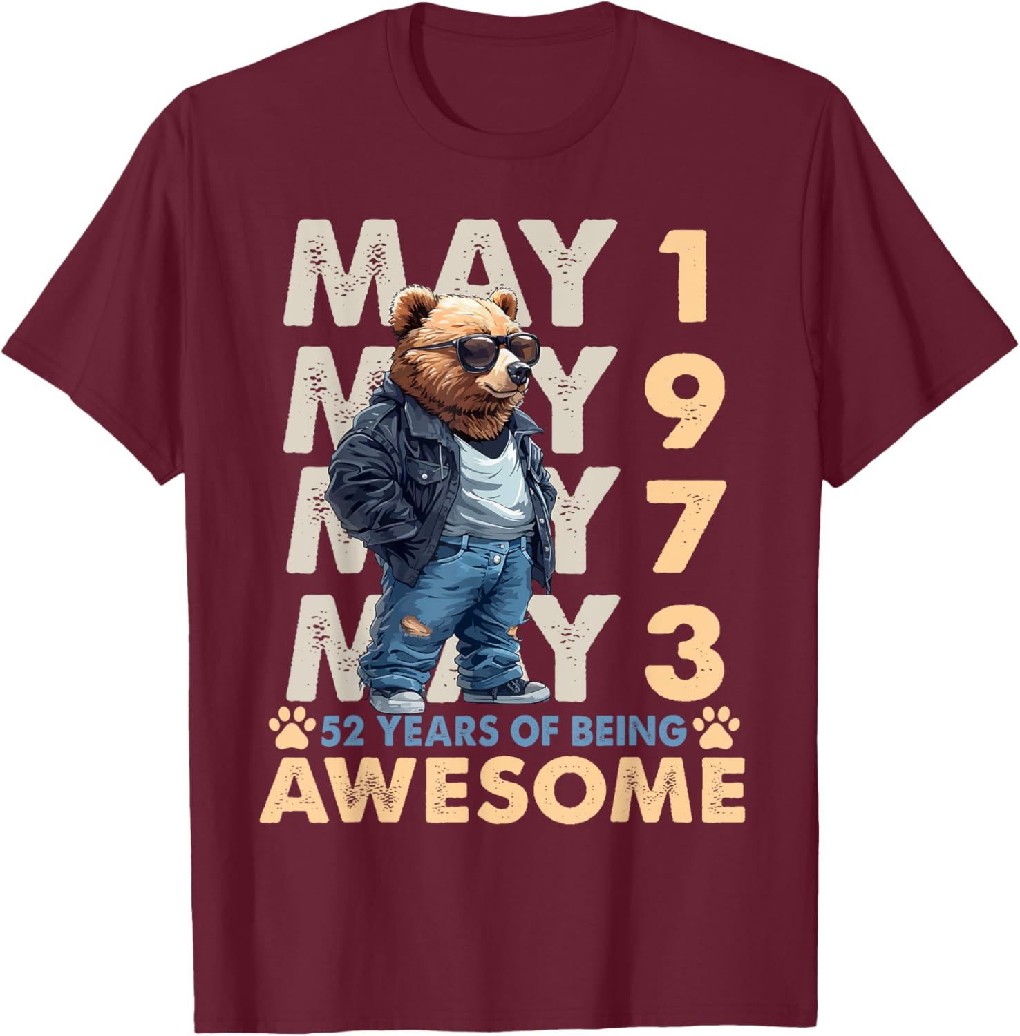 Celebrate 52 Years with a May 1973 Birthday Bear Men's T-Shirt - 3