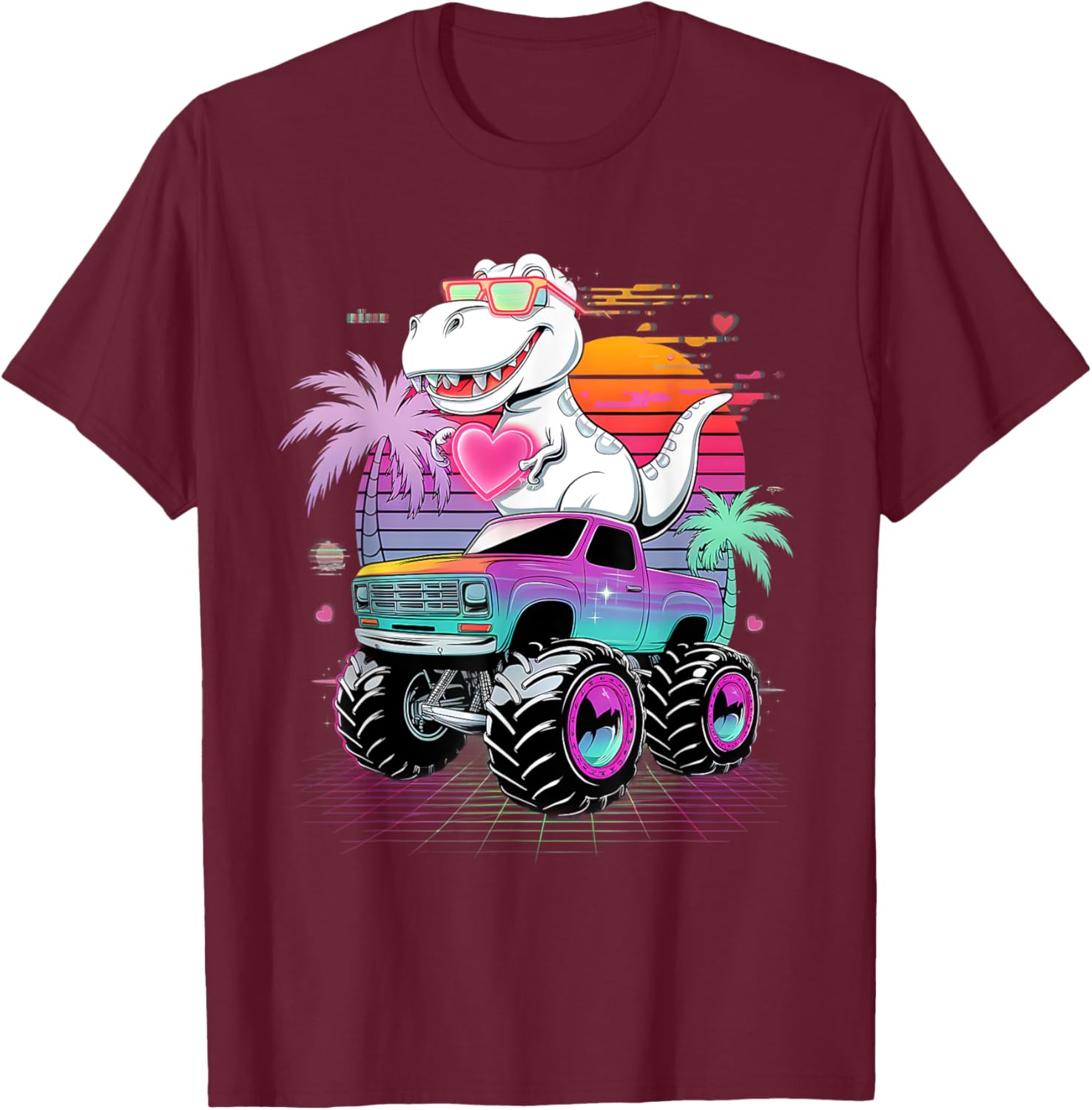 Valentine's Day T-Rex Monster Truck Vaporwave Kids T-Shirt for Boys - 25