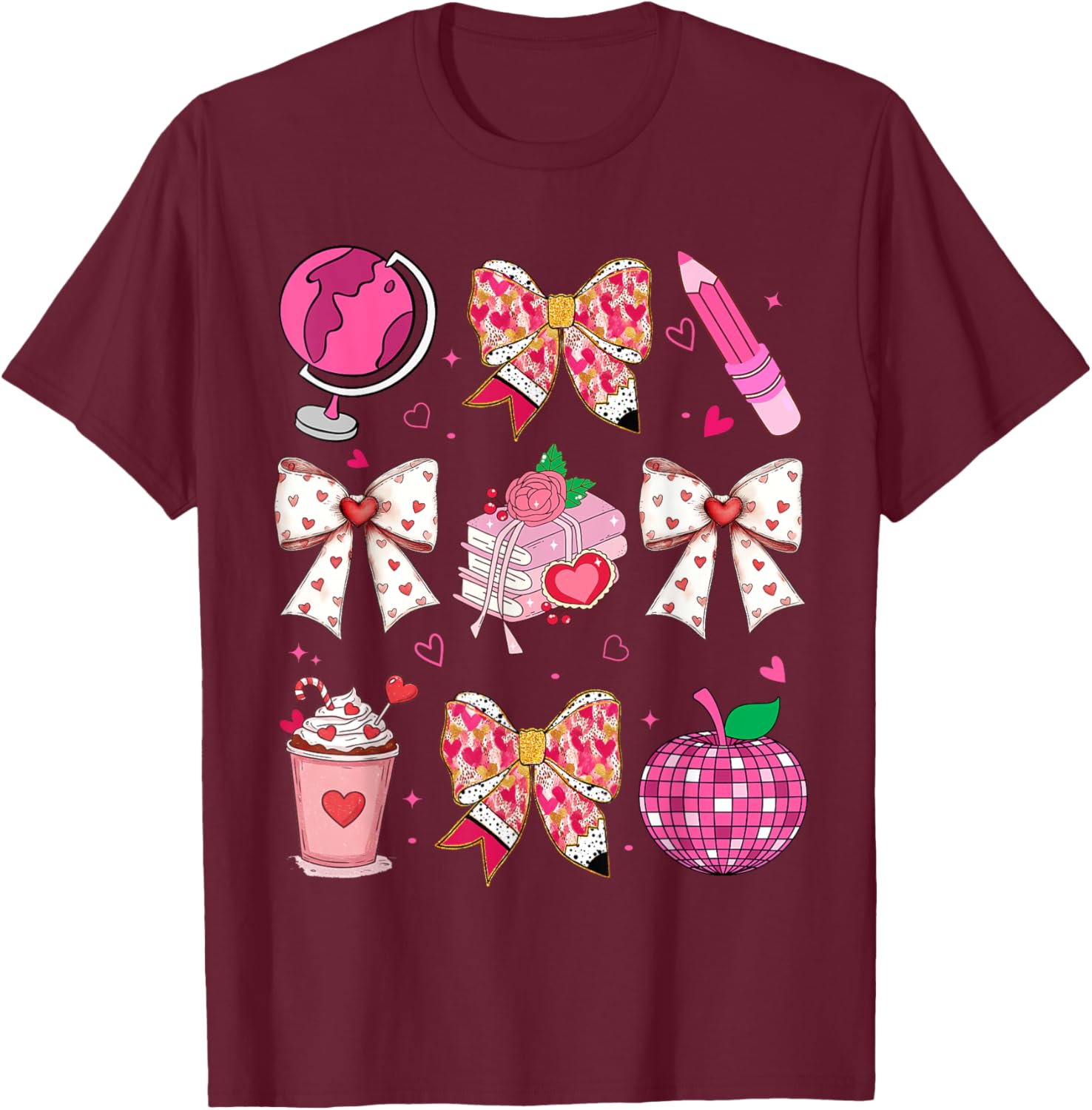 Valentine's Day Heart Bow T-Shirt for Teachers with Disco Ball Charm - 13