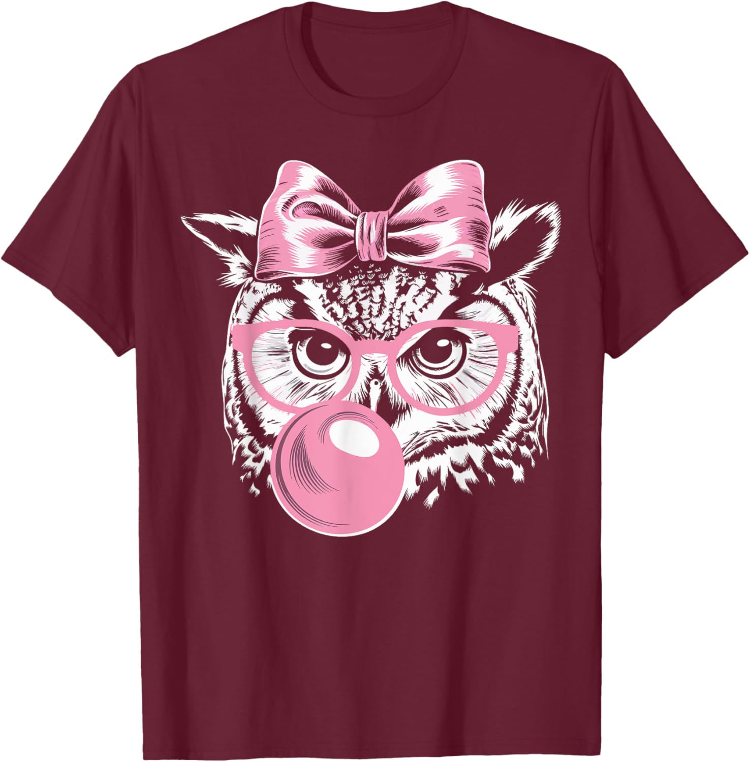 Cute Owl T-Shirt with Glasses Blowing Pink Bubble Gum for Fun Fashion - 1