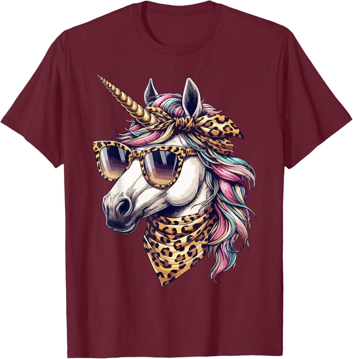 Whimsical Unicorn in Leopard Scarf and Sunglasses T-Shirt for Fun Style - 5