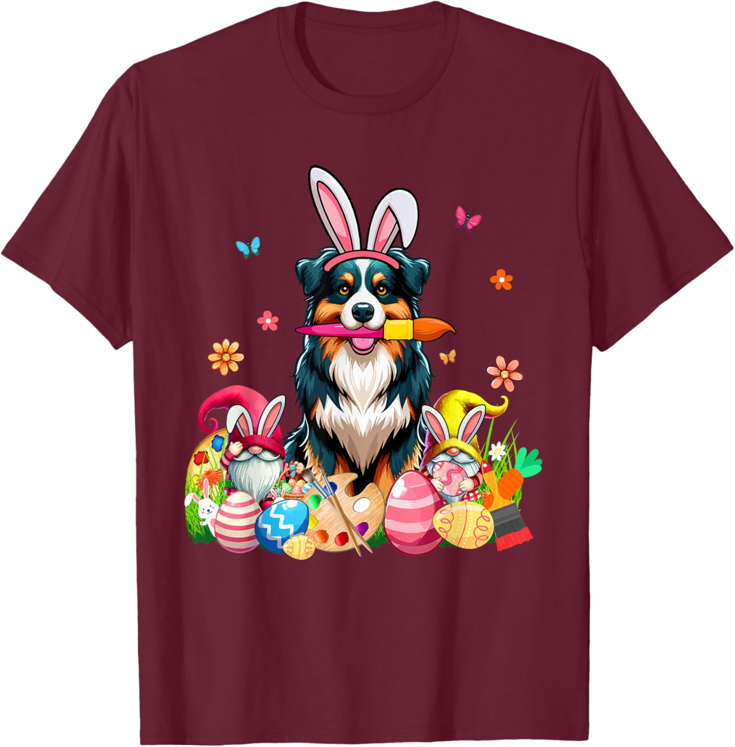 Cute Australian Shepherd Bunny Painting Easter Eggs Gnomes T-Shirt - 16