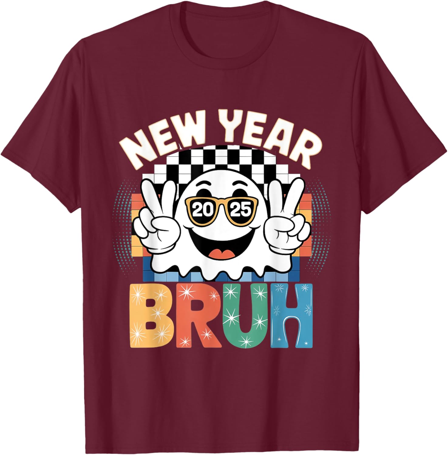 Cute Boo Ghost Happy New Year 2025 Vibes Funny Retro T-Shirt - 19