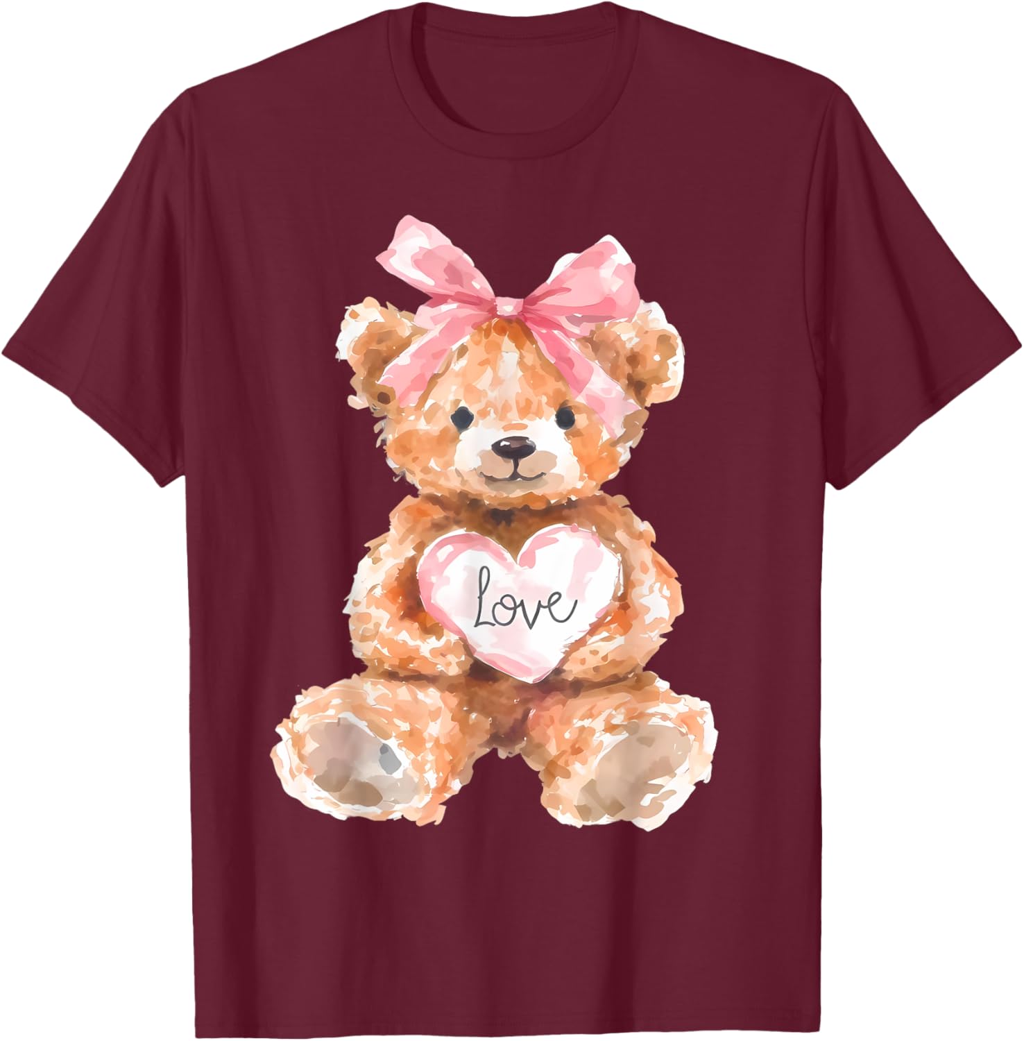 Watercolor Bear with Pink Bow Cute Valentine T-Shirt for Women and Girls - 28