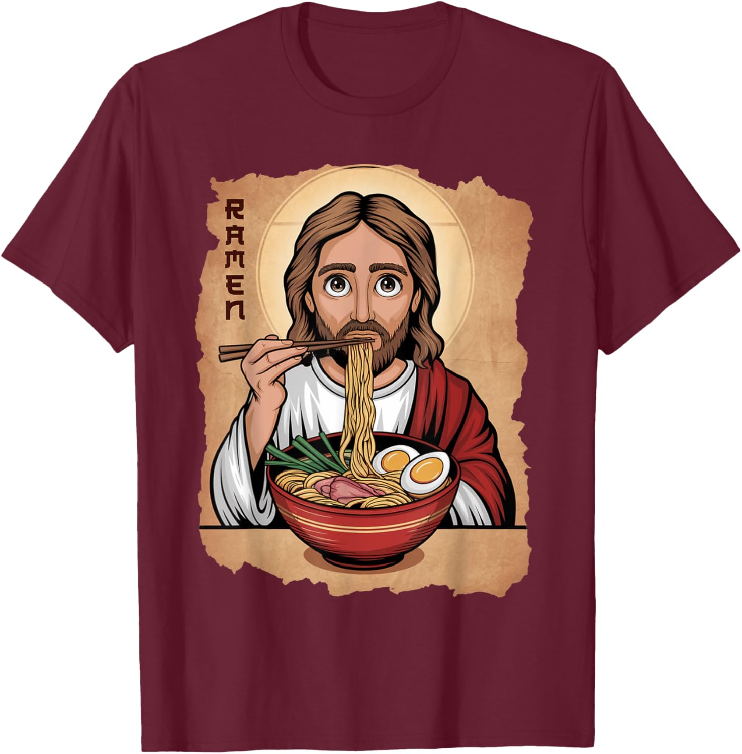 Cute Jesus Eating Ramen Noodles T-Shirt with Ocean Waves Japanese Art - 9