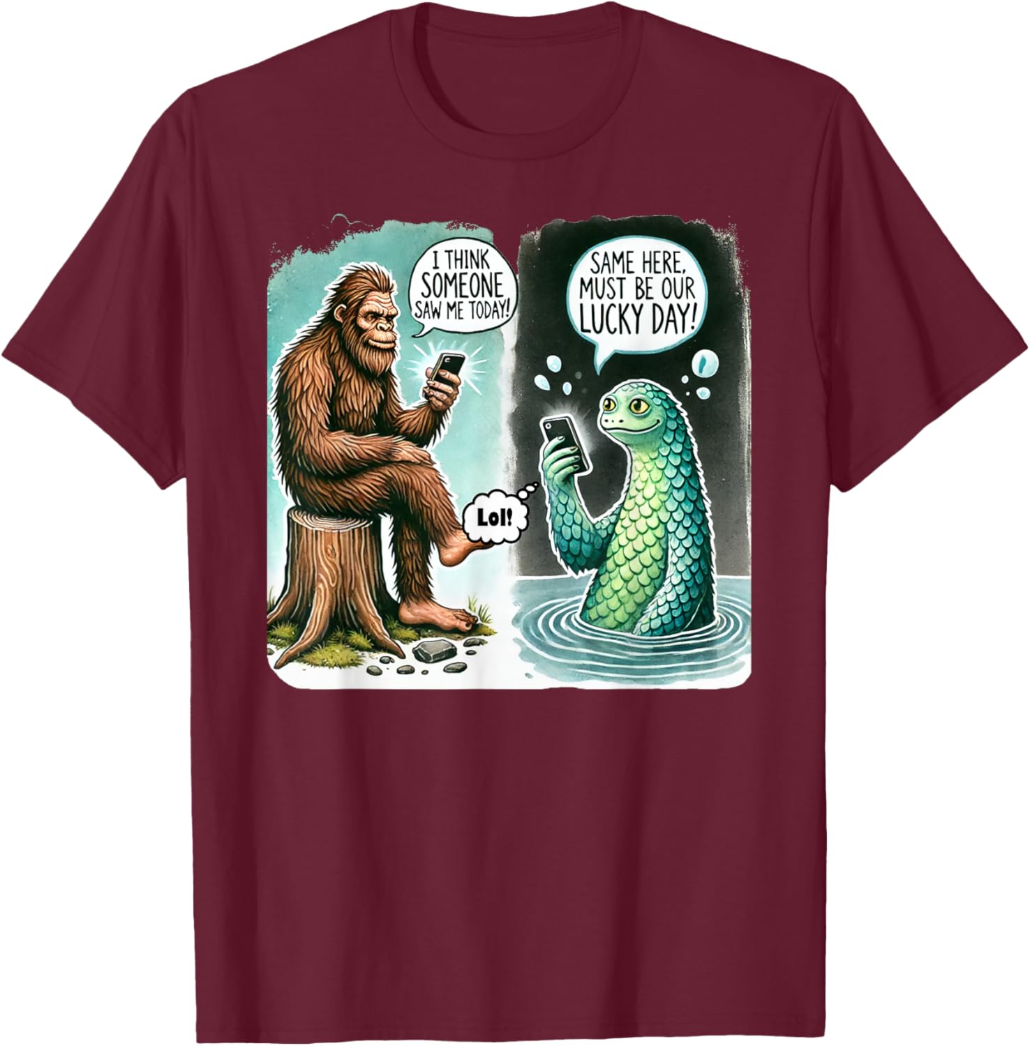 Funny Bigfoot Texting Nessie T-Shirt - I Think Someone Saw Me Today - 6
