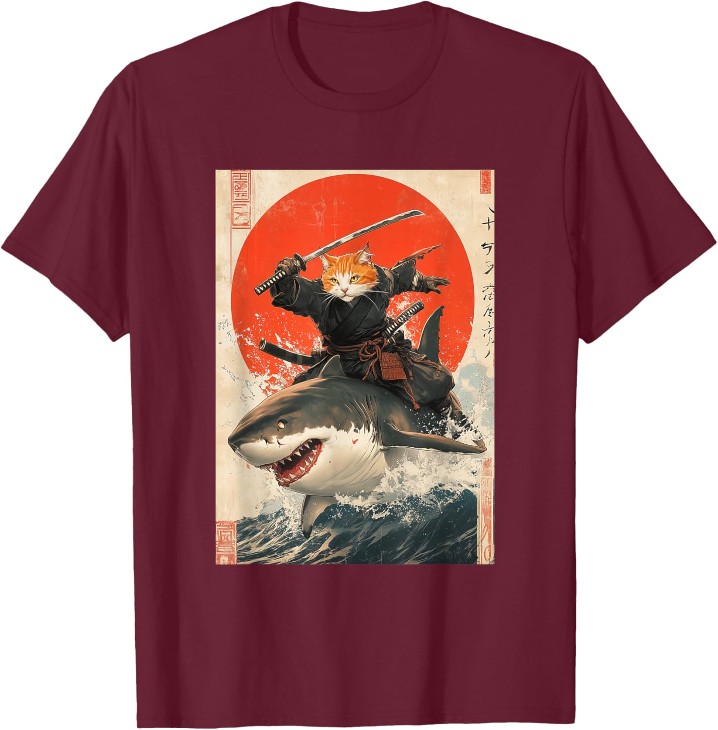 Ninja Cat Riding Shark Graphic Tee Cute Japanese Style T-Shirt for Cat Lovers - 20