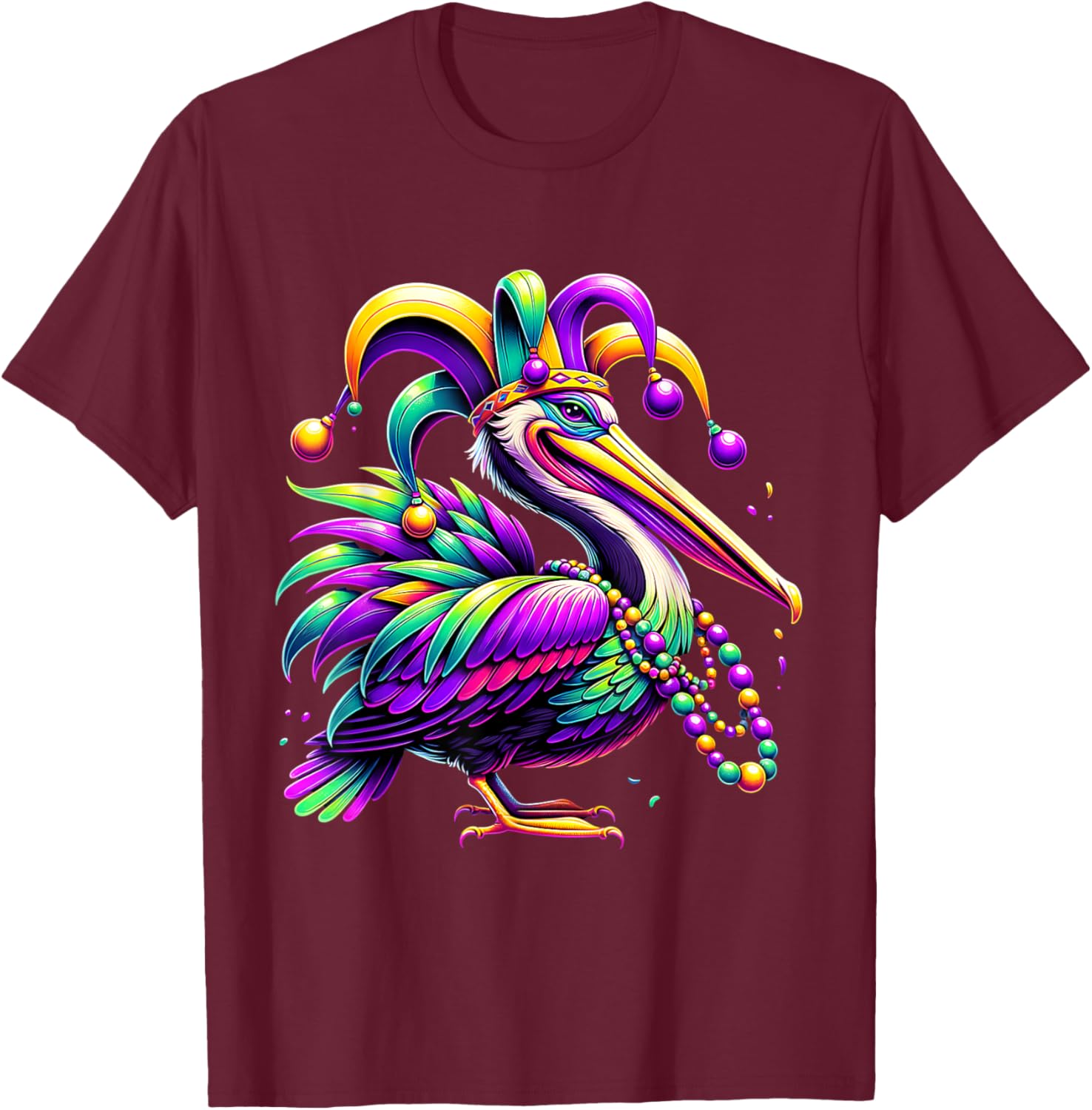 Colorful Mardi Gras Pelican Jester Hat Beads T-Shirt for Festive Fun - 19