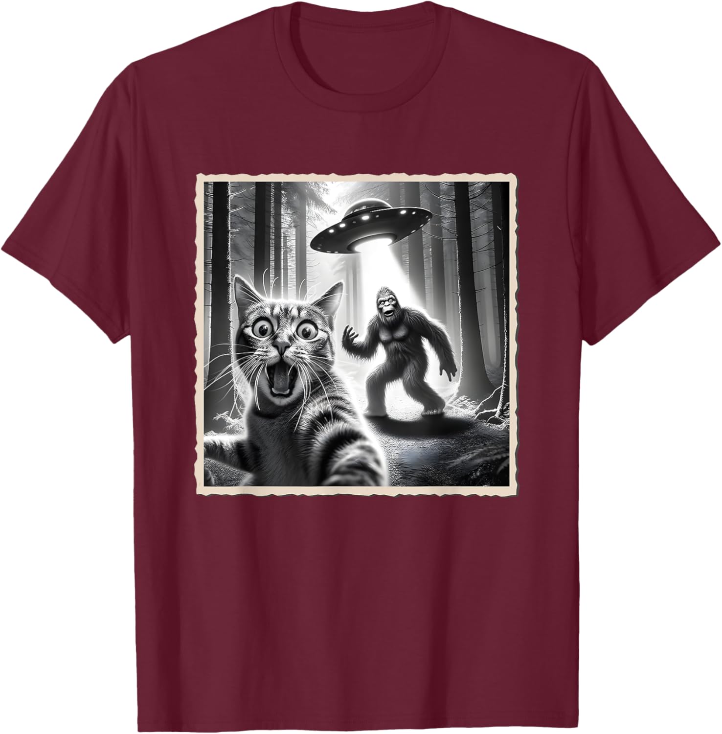 Funny Cat Selfie with Bigfoot and UFO T-Shirt for Animal Lovers - 7
