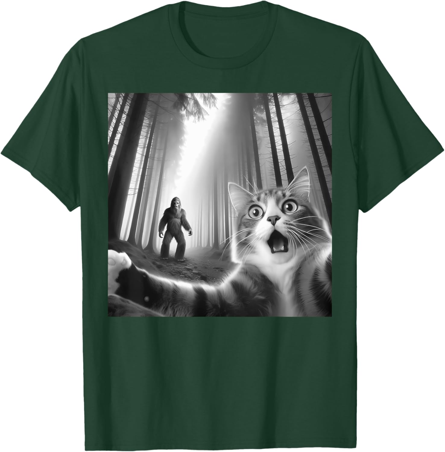 Funny Scared Cat Bigfoot Selfie T-Shirt for Men, Women, and Kids - 2
