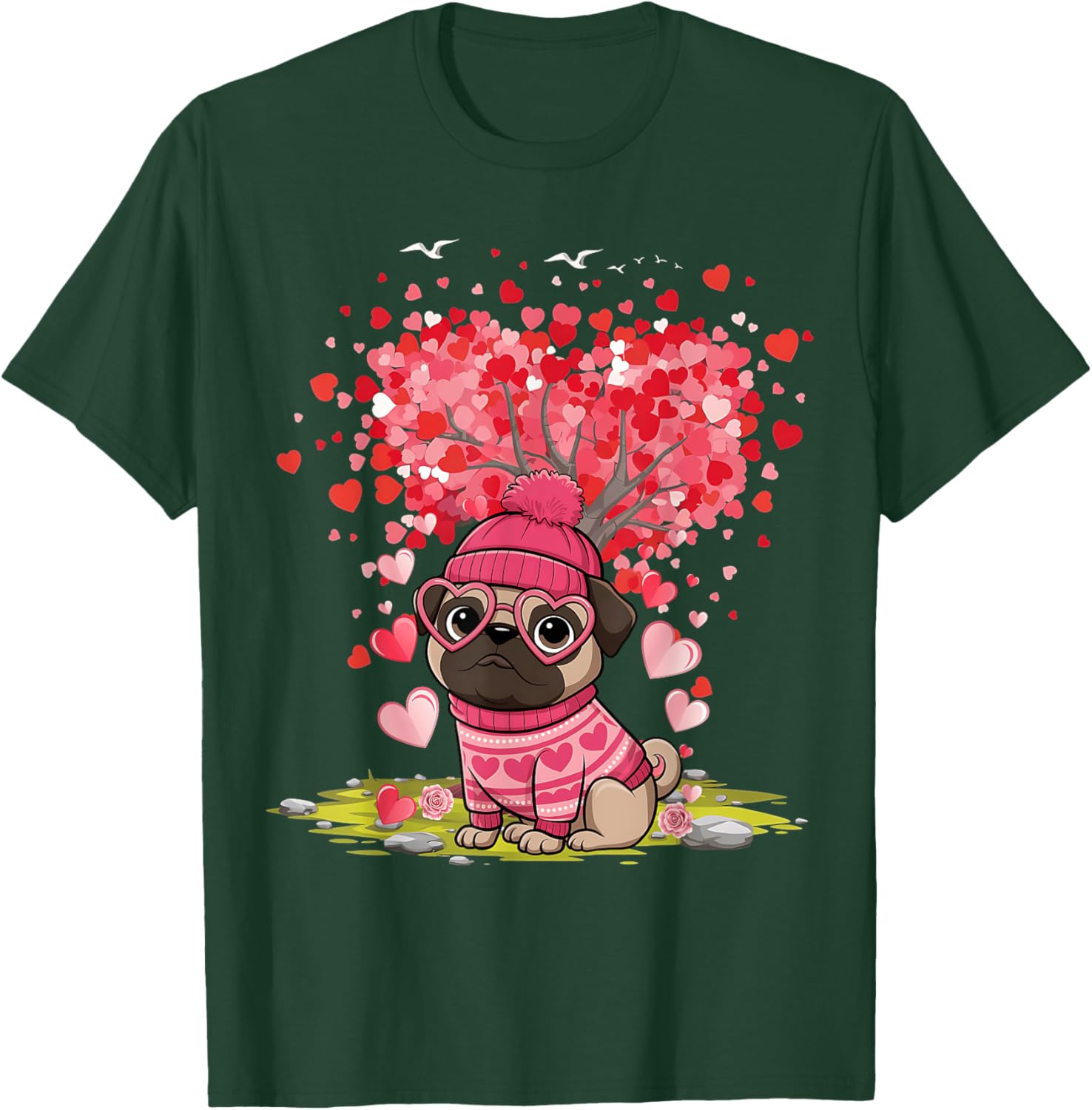 Pug Heart Tree Tee - Adorable Dog Lover Valentine's Day T-Shirt - 1