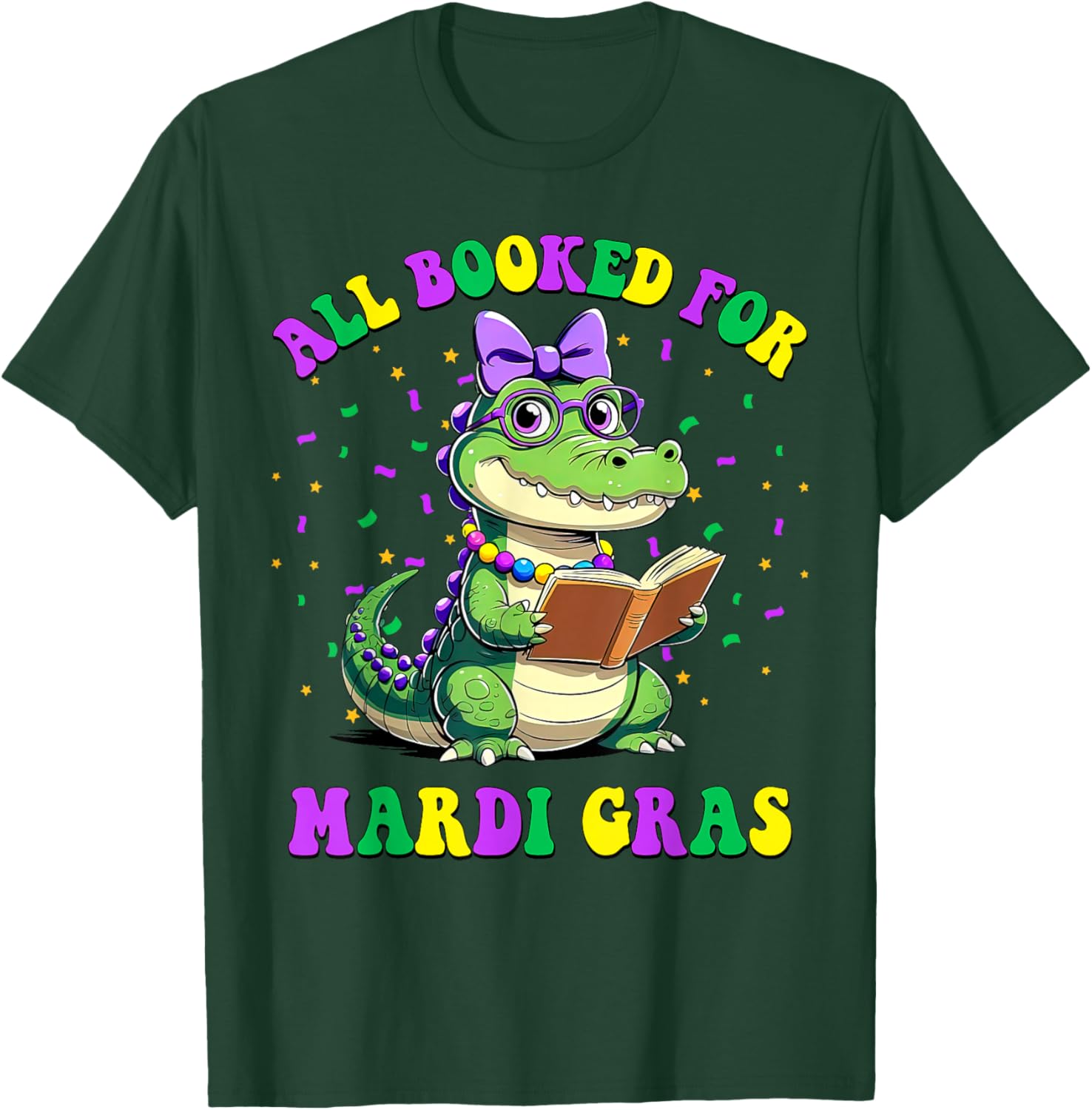 Mardi Gras Crocodile Teacher T-Shirt for Book Lovers and Readers - 16