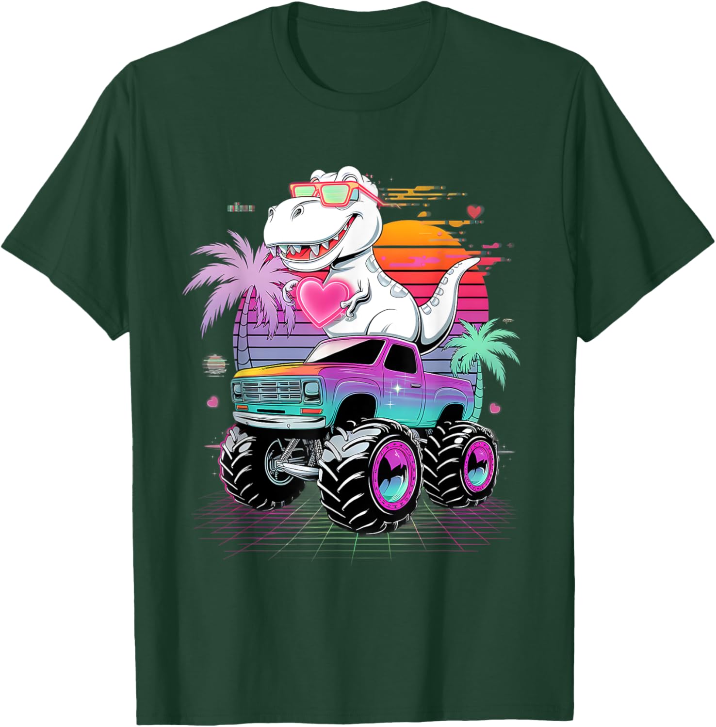 Valentine's Day T-Rex Monster Truck Vaporwave Kids T-Shirt for Boys - 14