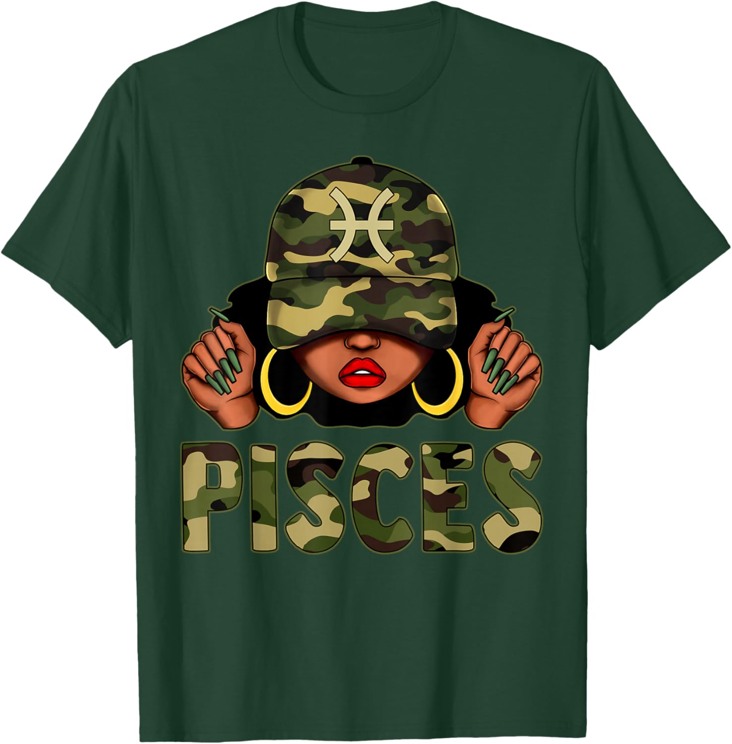 Pisces Queen Camo Cap and Afro Girl Zodiac T-Shirt for Black Women - 1