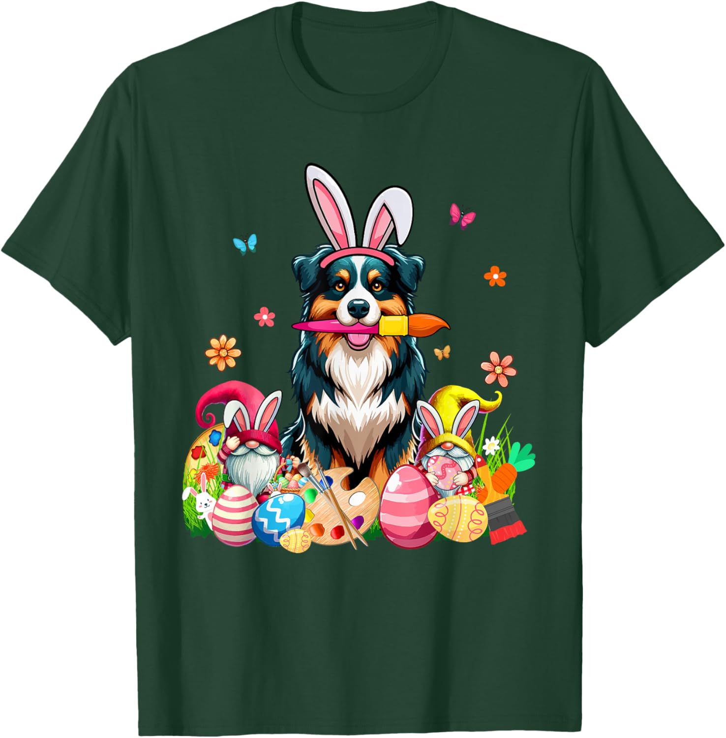 Cute Australian Shepherd Bunny Painting Easter Eggs Gnomes T-Shirt - 1