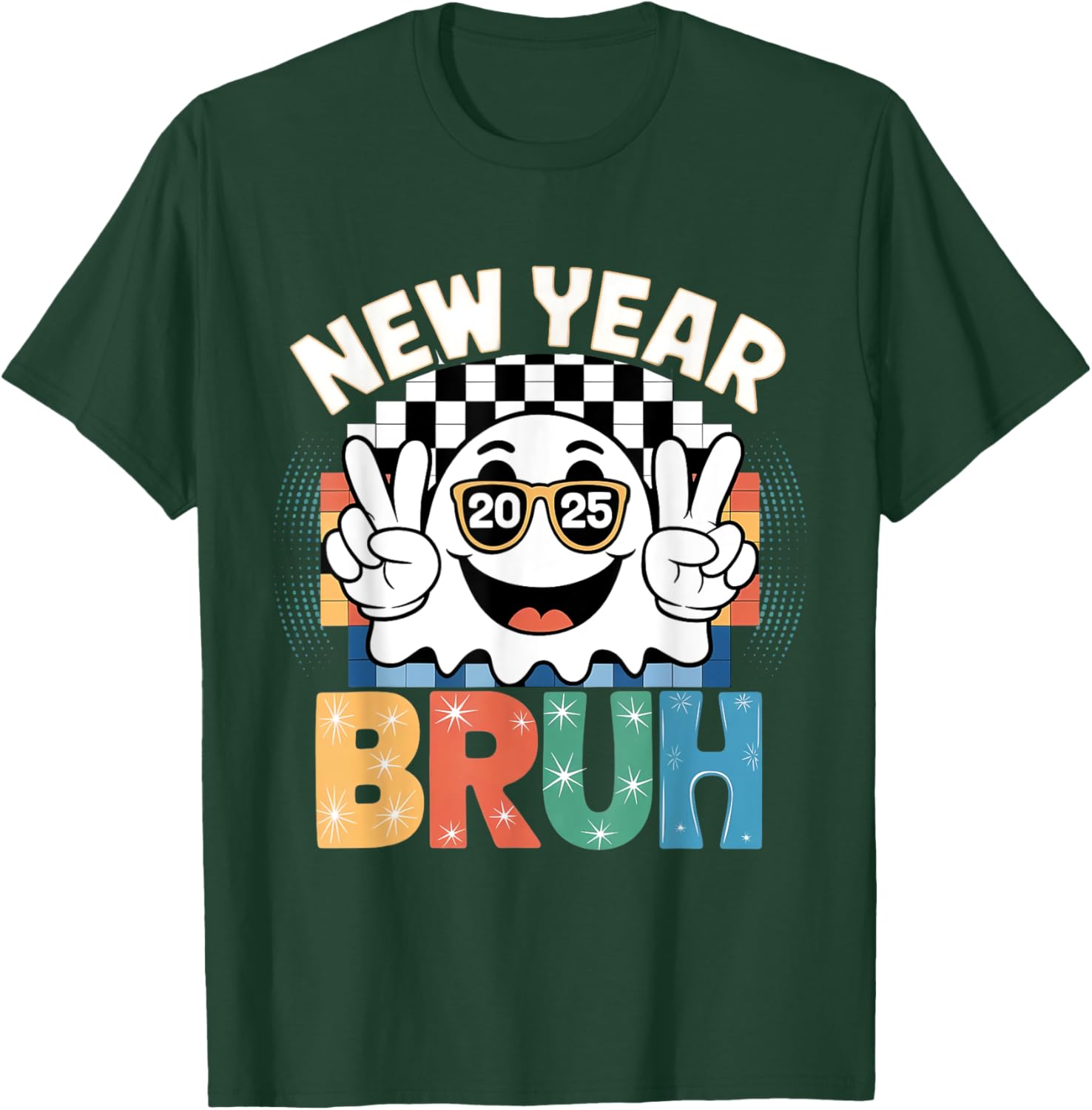 Cute Boo Ghost Happy New Year 2025 Vibes Funny Retro T-Shirt - 25