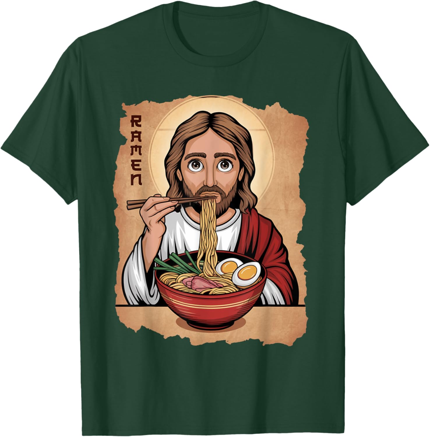 Cute Jesus Eating Ramen Noodles T-Shirt with Ocean Waves Japanese Art - 8
