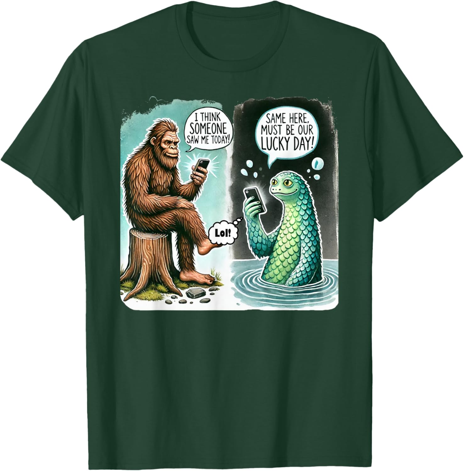 Funny Bigfoot Texting Nessie T-Shirt - I Think Someone Saw Me Today - 24