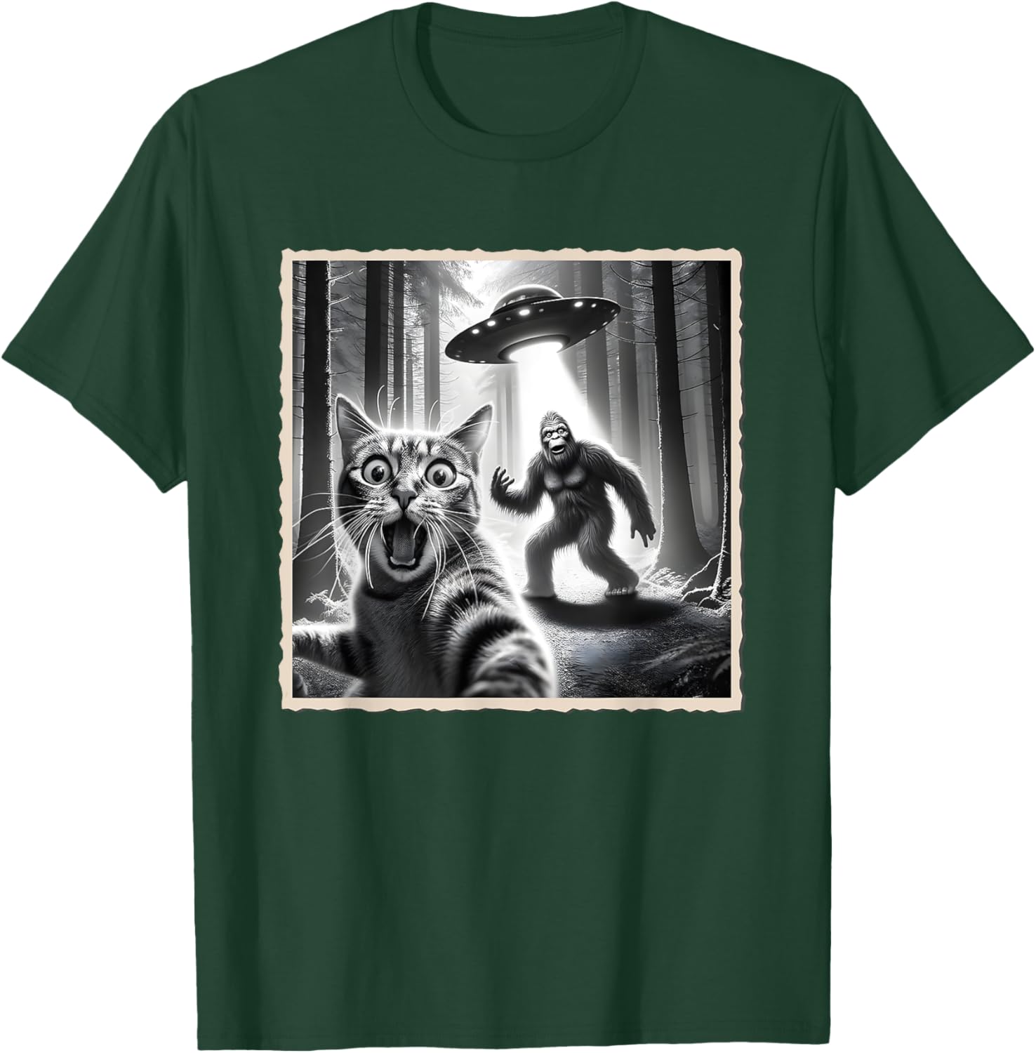Funny Cat Selfie with Bigfoot and UFO T-Shirt for Animal Lovers - 3