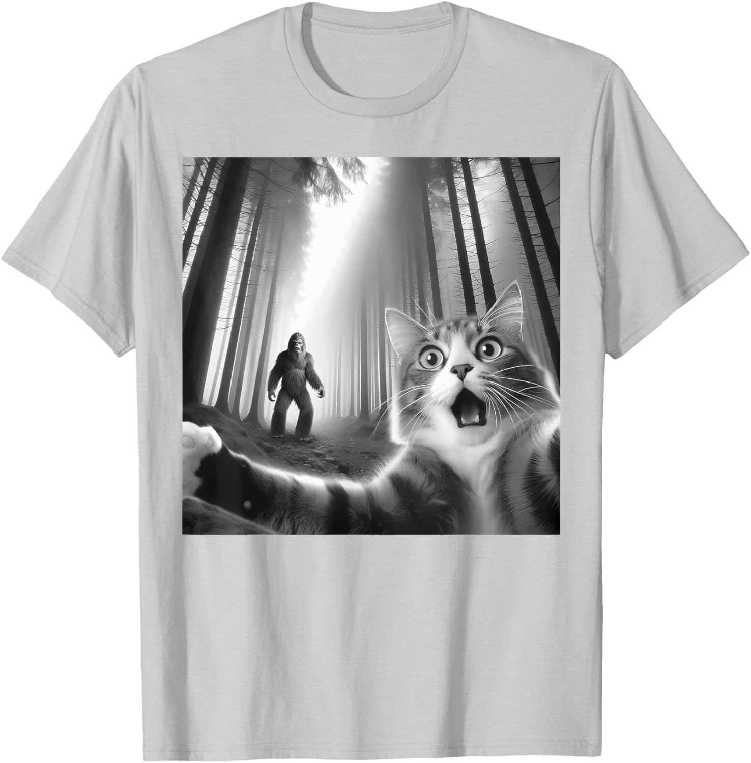 Funny Scared Cat Bigfoot Selfie T-Shirt for Men, Women, and Kids - 14