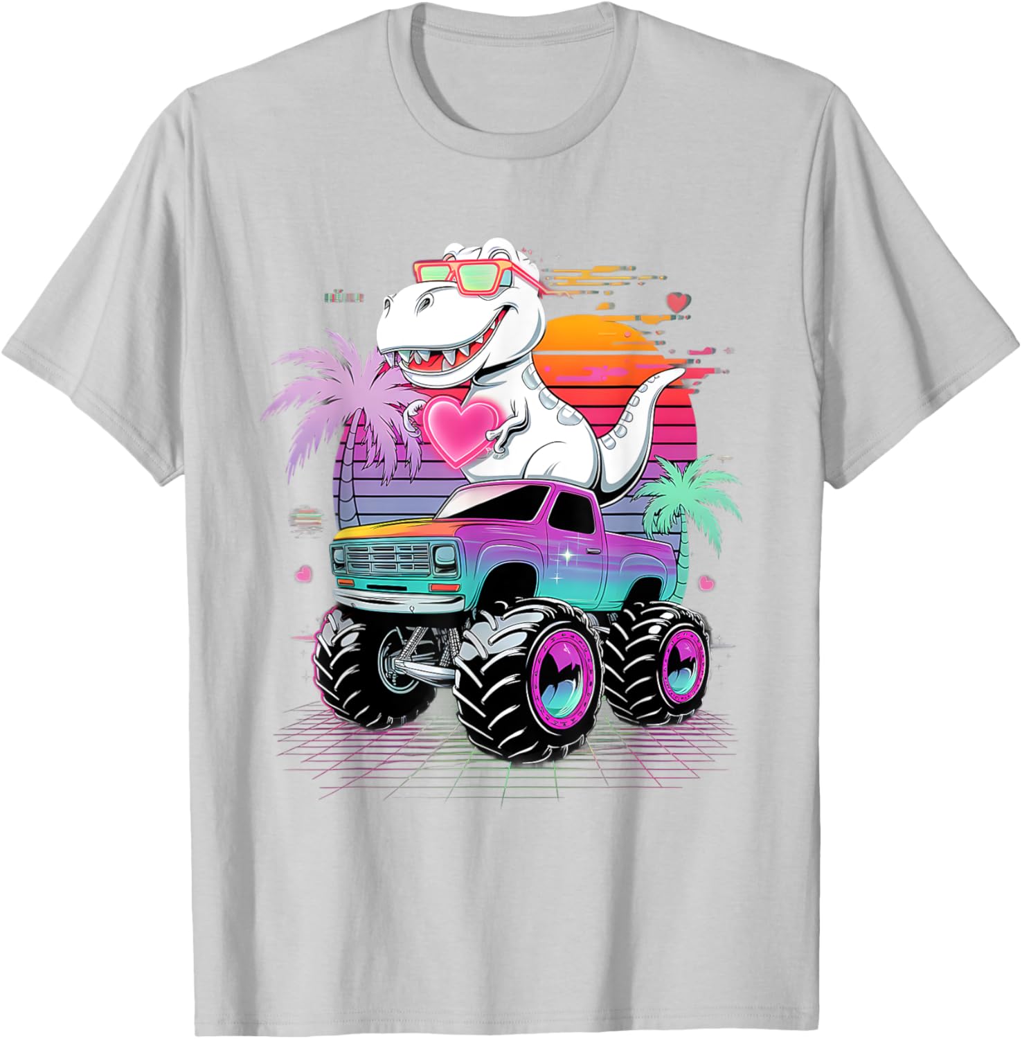 Valentine's Day T-Rex Monster Truck Vaporwave Kids T-Shirt for Boys - 23