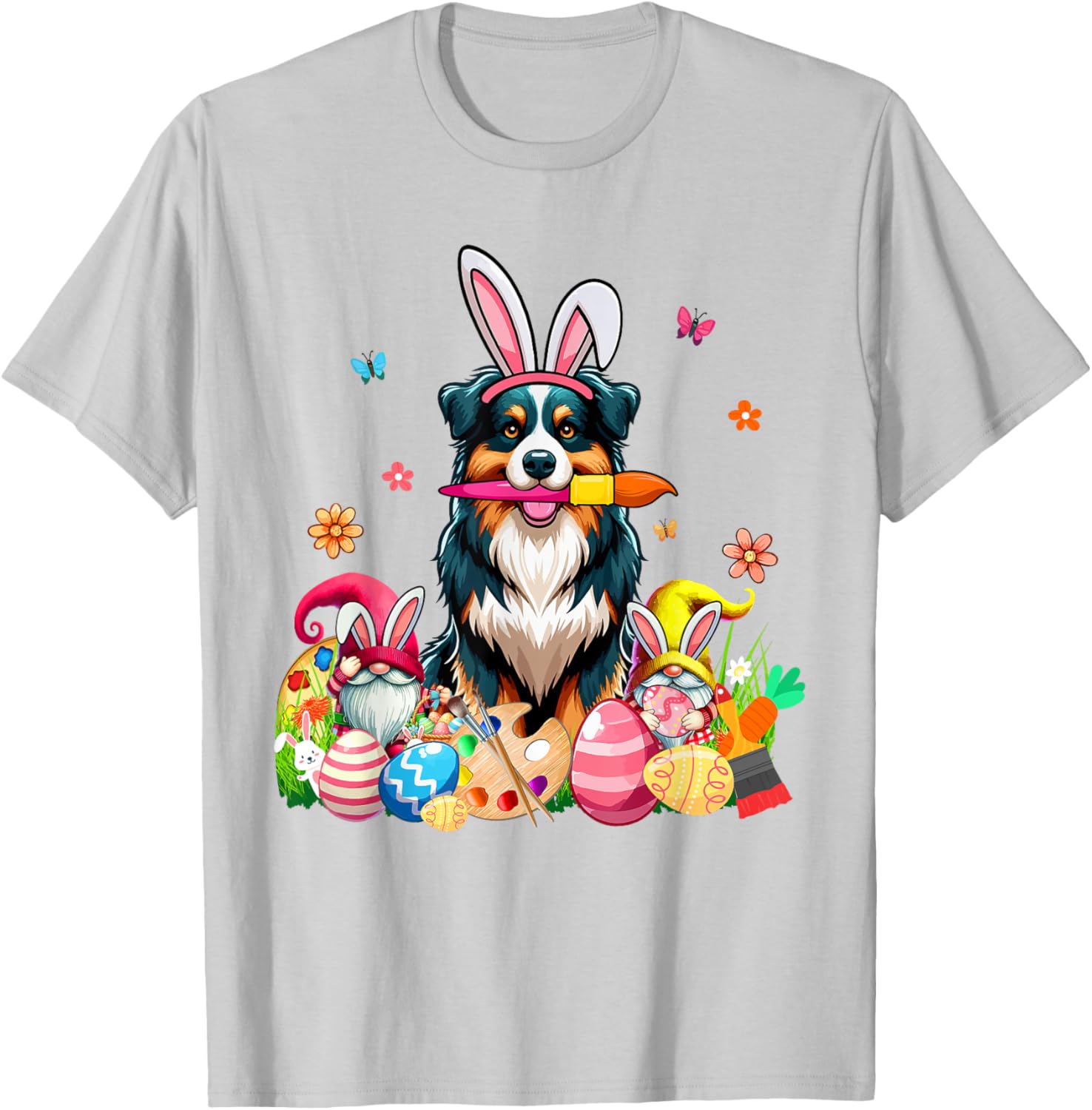 Cute Australian Shepherd Bunny Painting Easter Eggs Gnomes T-Shirt - 8