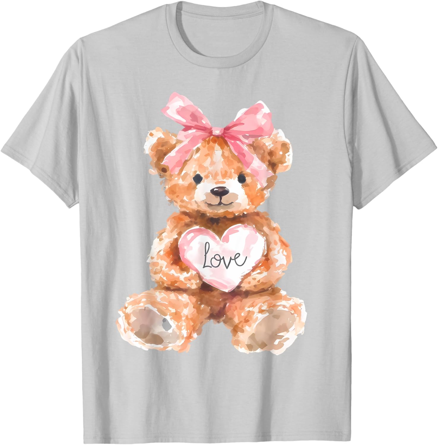 Watercolor Bear with Pink Bow Cute Valentine T-Shirt for Women and Girls - 16