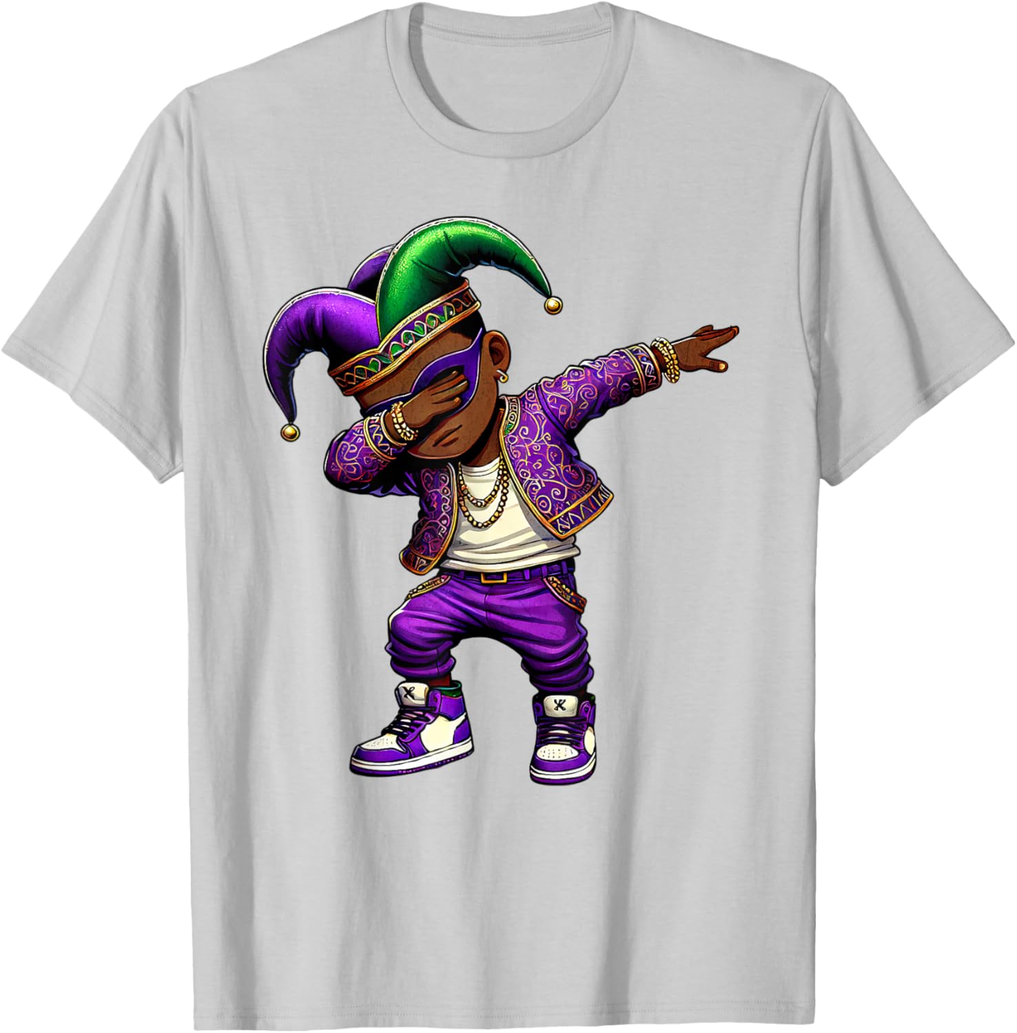 Funny Mardi Gras Jester Hat T-Shirt for Black Kids - Dabbing Boy Design - 12