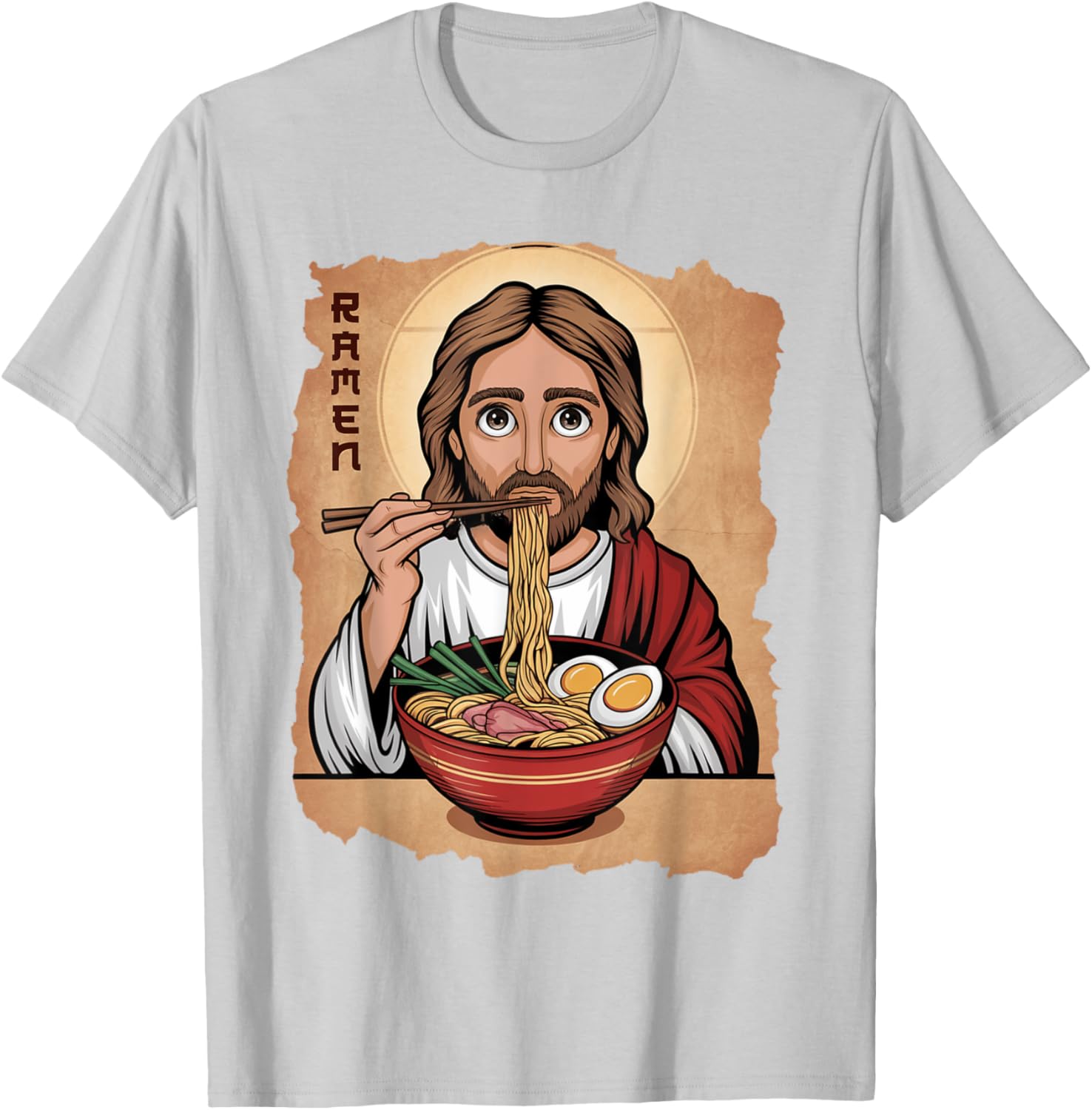 Cute Jesus Eating Ramen Noodles T-Shirt with Ocean Waves Japanese Art - 16