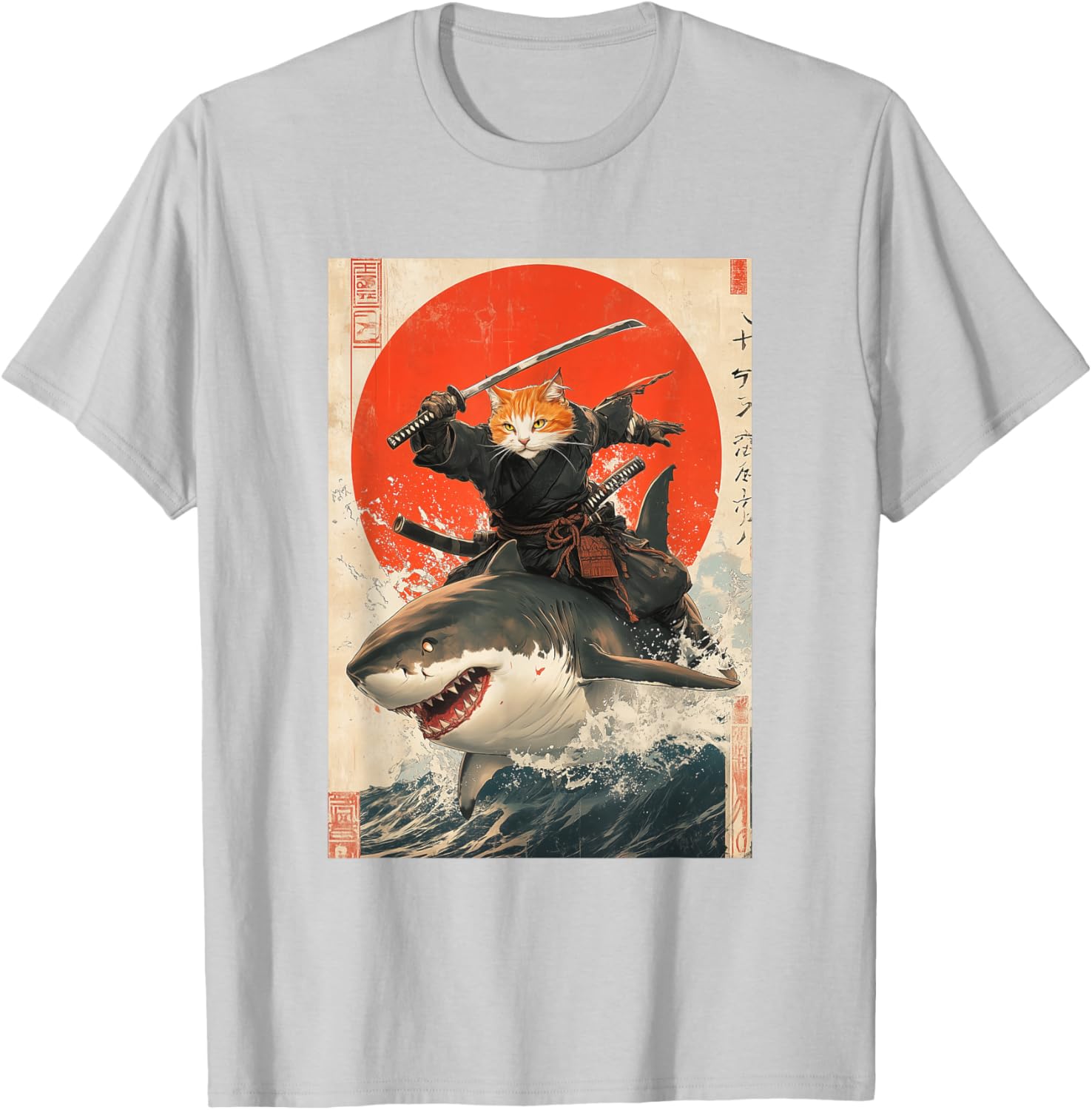 Ninja Cat Riding Shark Graphic Tee Cute Japanese Style T-Shirt for Cat Lovers - 14