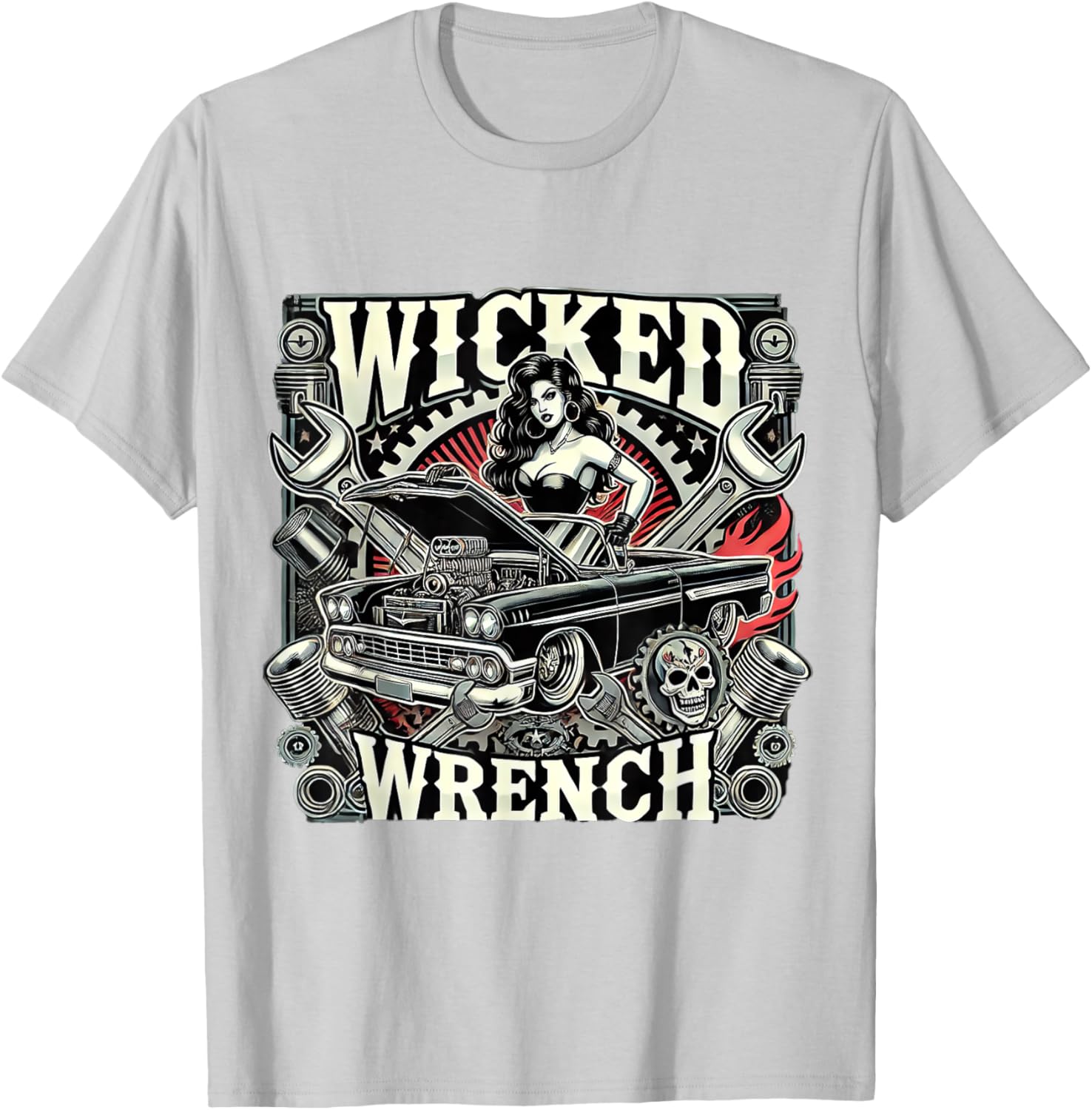 Hot Rod Wrench Lady Flames Pistons T-Shirt for Car Enthusiasts - 7