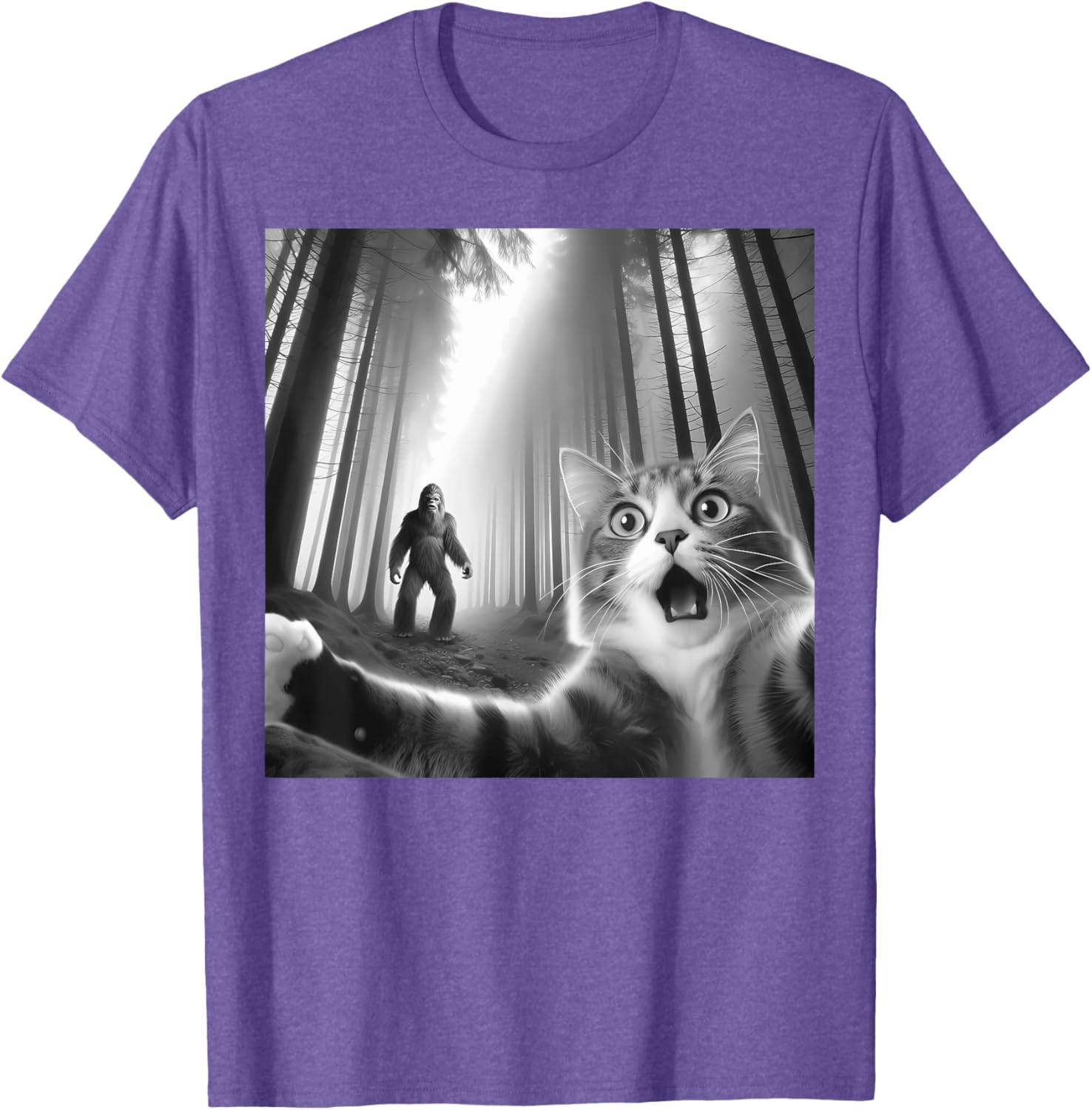 Funny Scared Cat Bigfoot Selfie T-Shirt for Men, Women, and Kids - 11