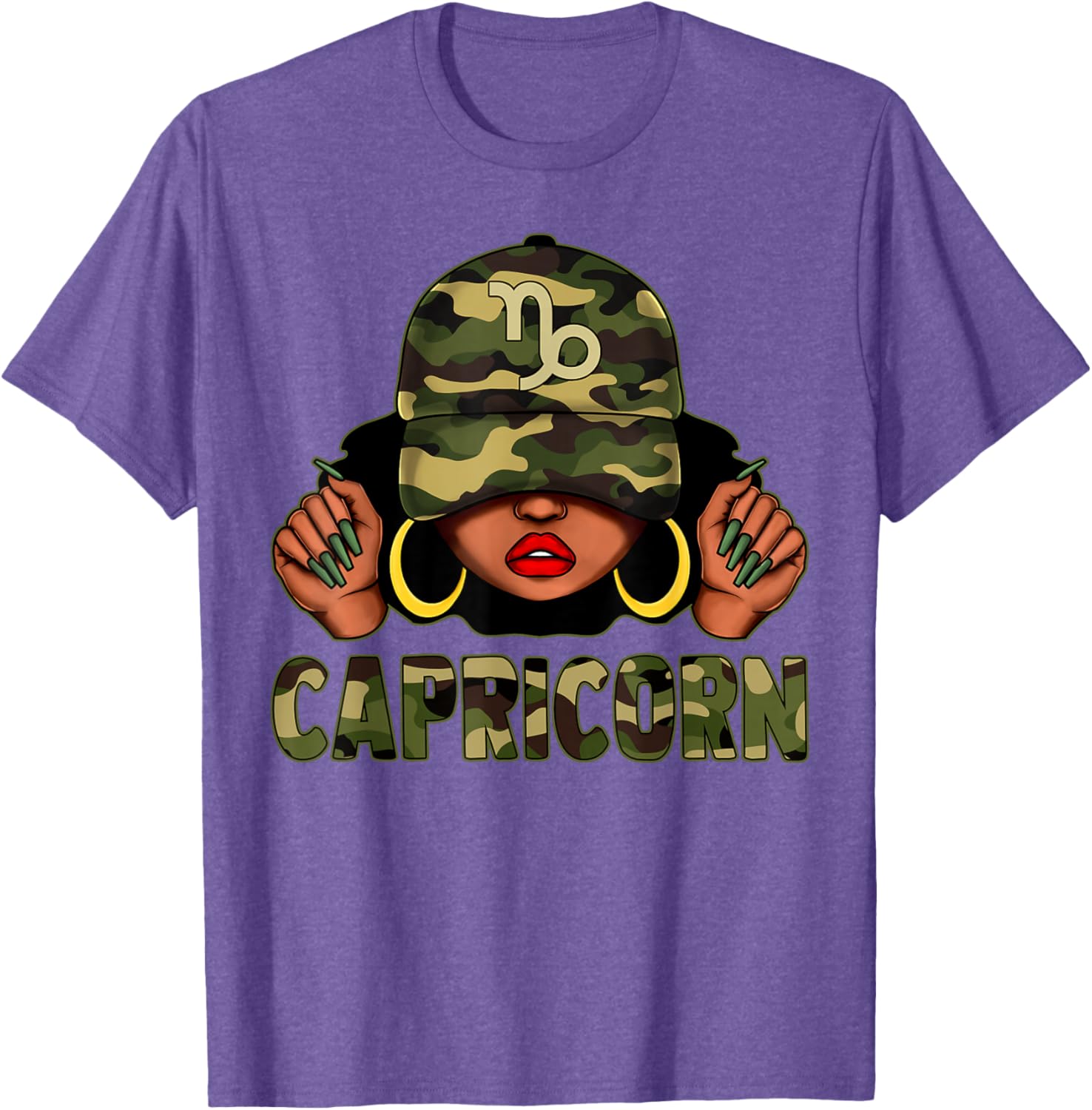 Capricorn Queen Black Woman with Camo Cap Afro Zodiac T-Shirt - 13