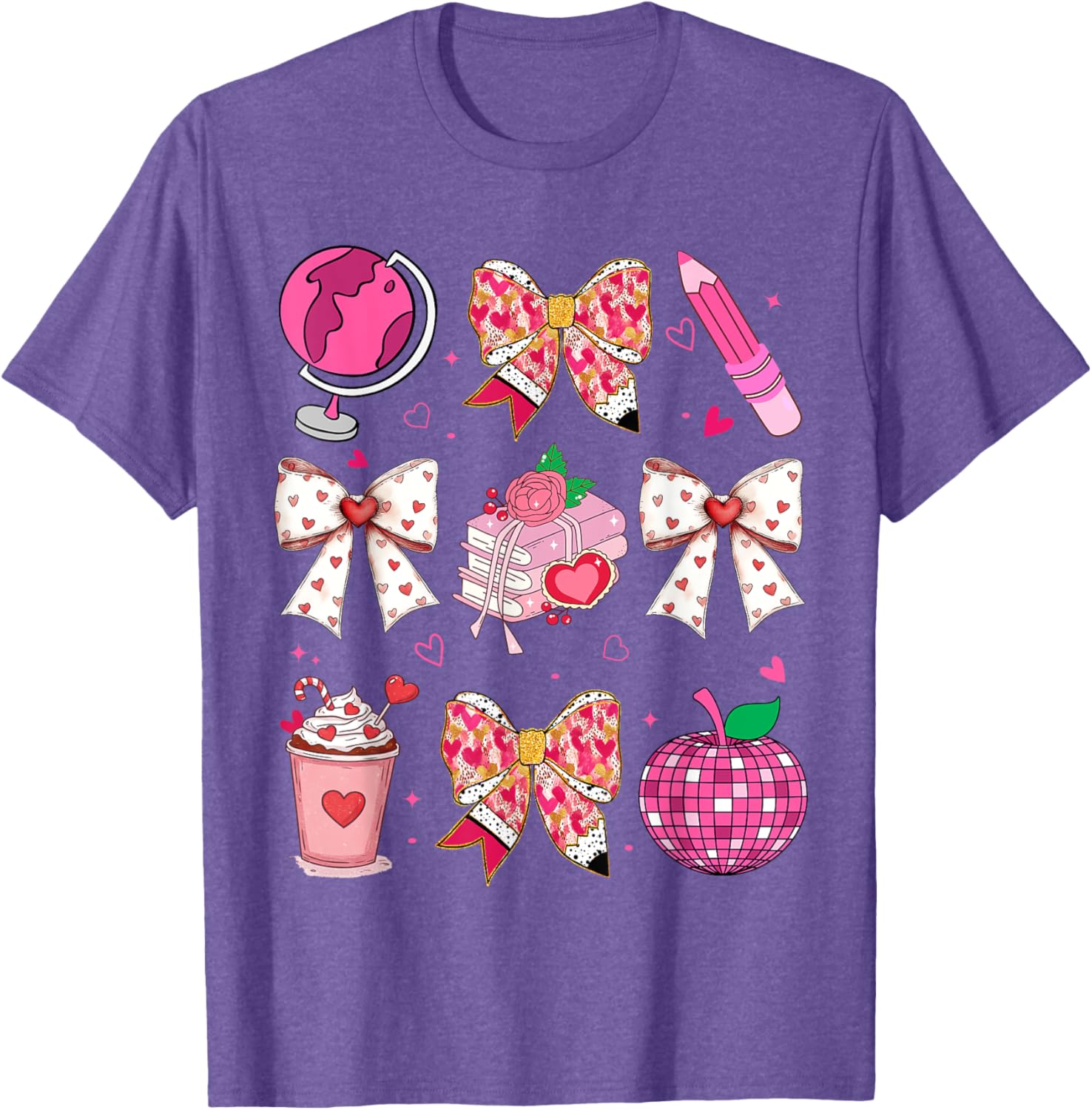 Valentine's Day Heart Bow T-Shirt for Teachers with Disco Ball Charm - 7