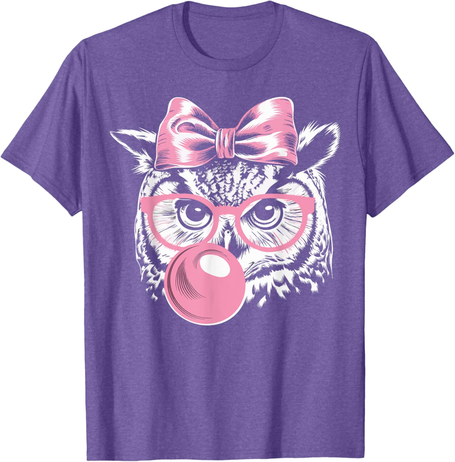Cute Owl T-Shirt with Glasses Blowing Pink Bubble Gum for Fun Fashion - 4