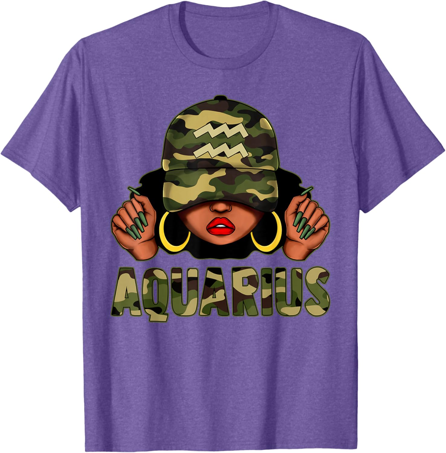Aquarius Queen Black Woman Camo Afro T-Shirt Stylish Zodiac Apparel - 5