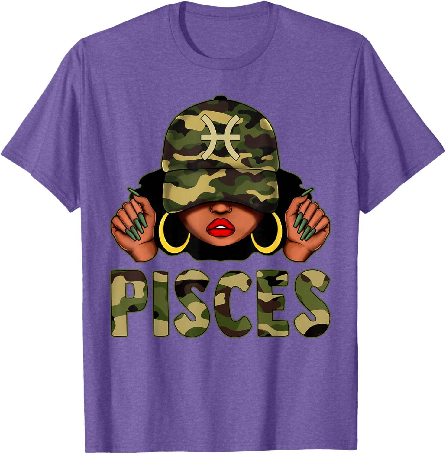 Pisces Queen Camo Cap and Afro Girl Zodiac T-Shirt for Black Women - 20