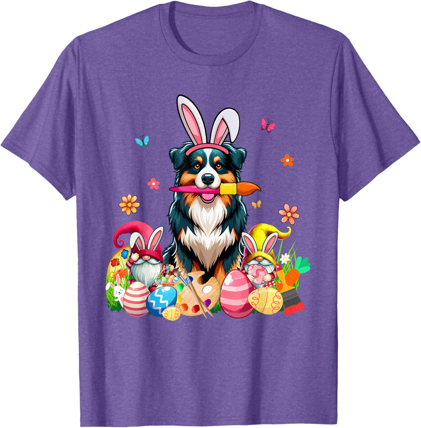 Cute Australian Shepherd Bunny Painting Easter Eggs Gnomes T-Shirt - 4