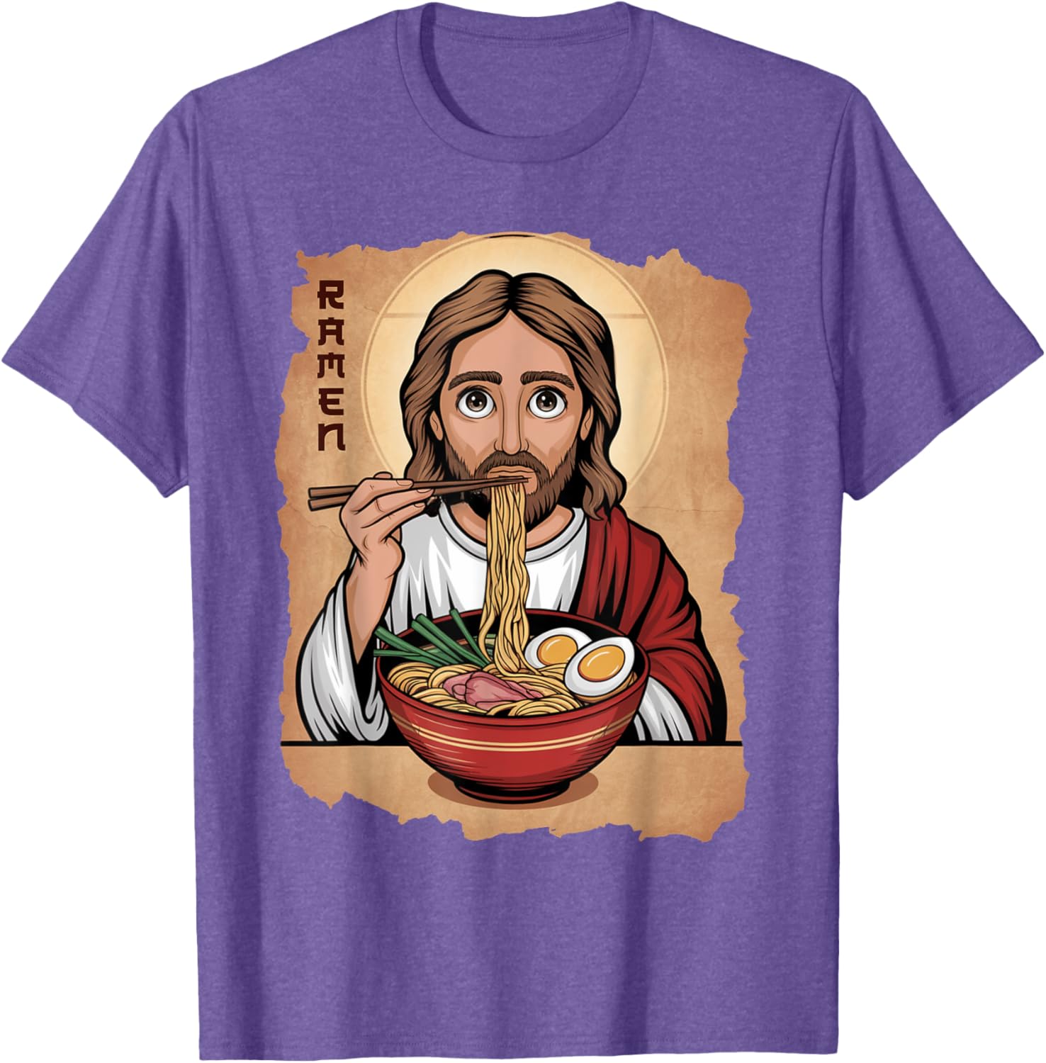 Cute Jesus Eating Ramen Noodles T-Shirt with Ocean Waves Japanese Art - 5