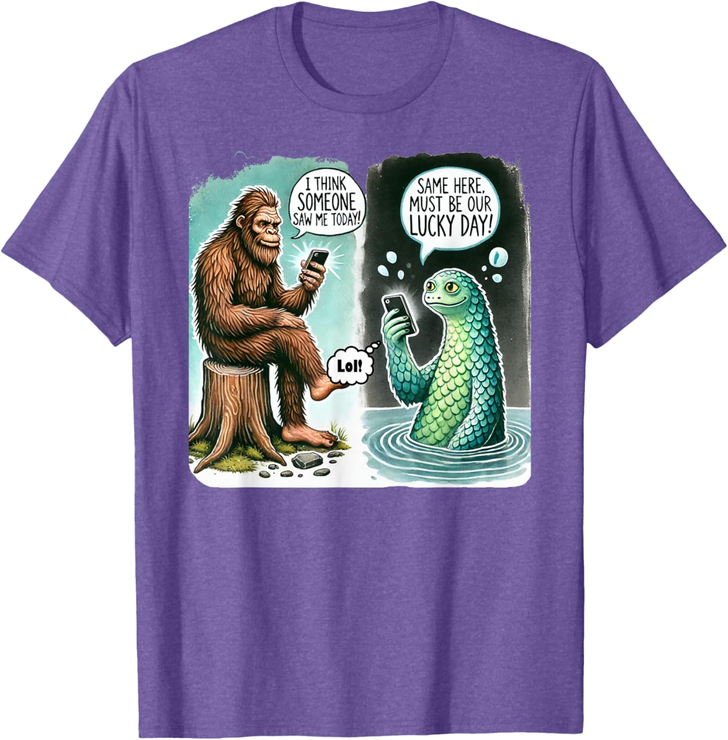 Funny Bigfoot Texting Nessie T-Shirt - I Think Someone Saw Me Today - 4