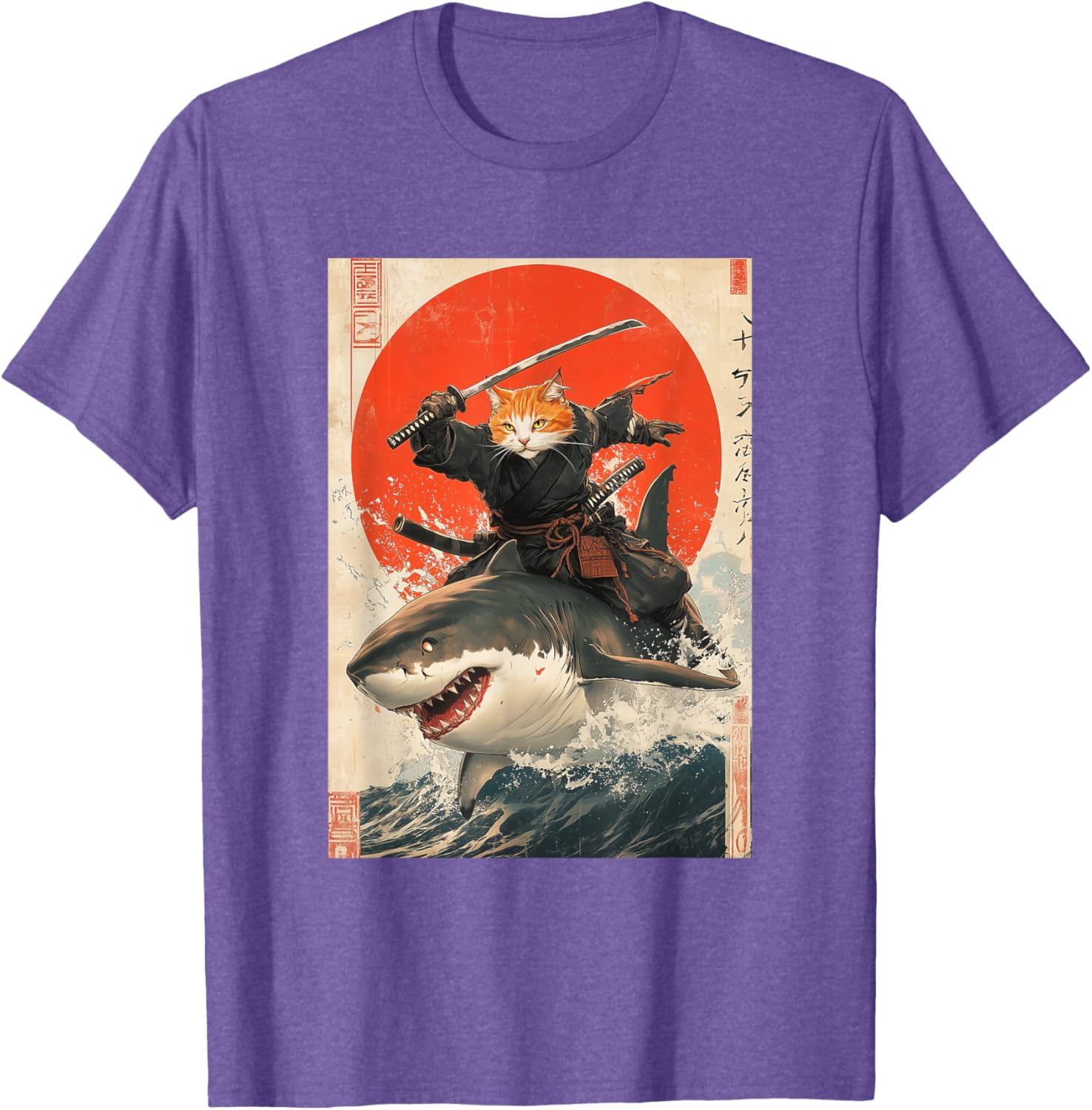 Ninja Cat Riding Shark Graphic Tee Cute Japanese Style T-Shirt for Cat Lovers - 22