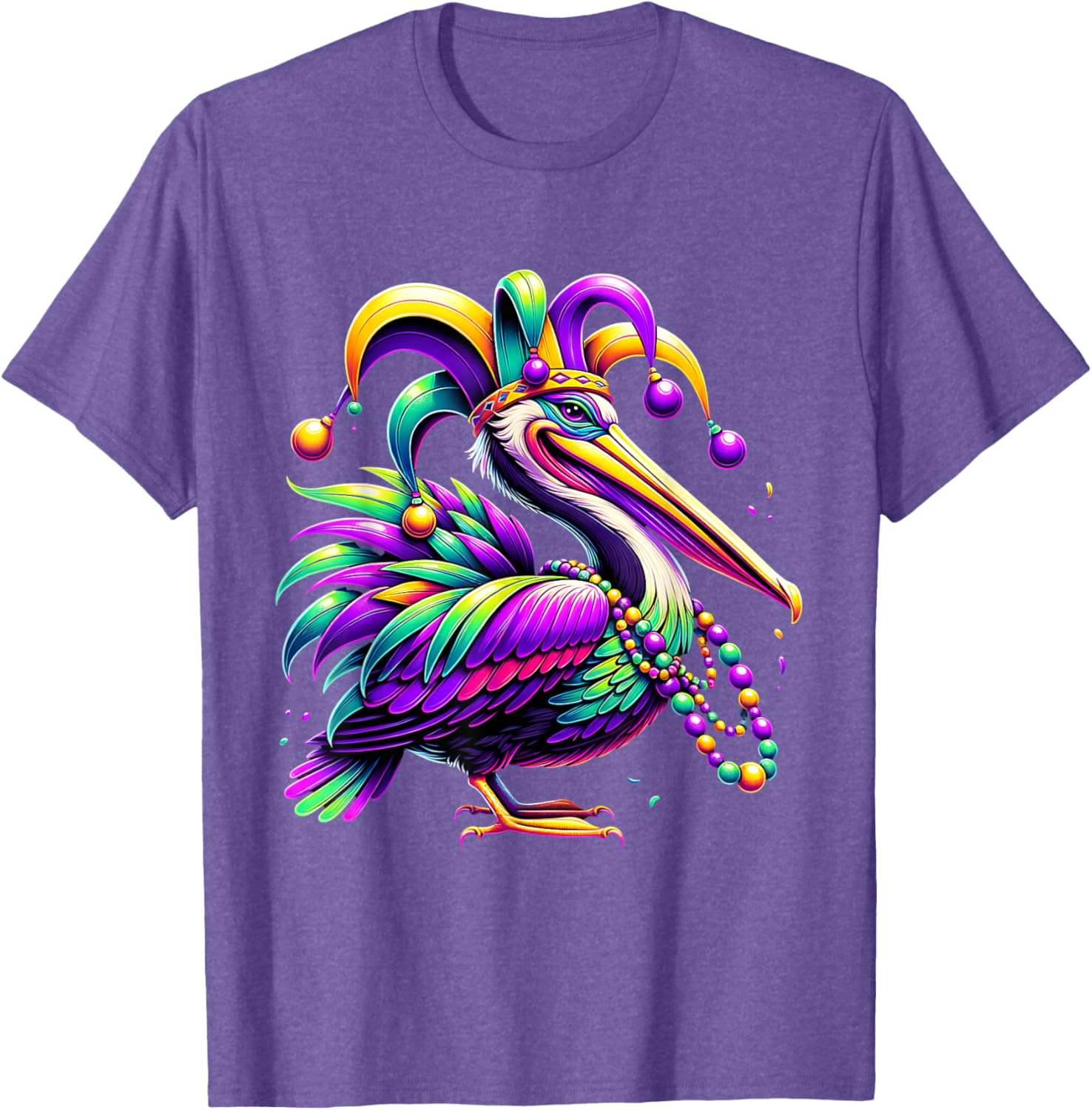 Colorful Mardi Gras Pelican Jester Hat Beads T-Shirt for Festive Fun - 4