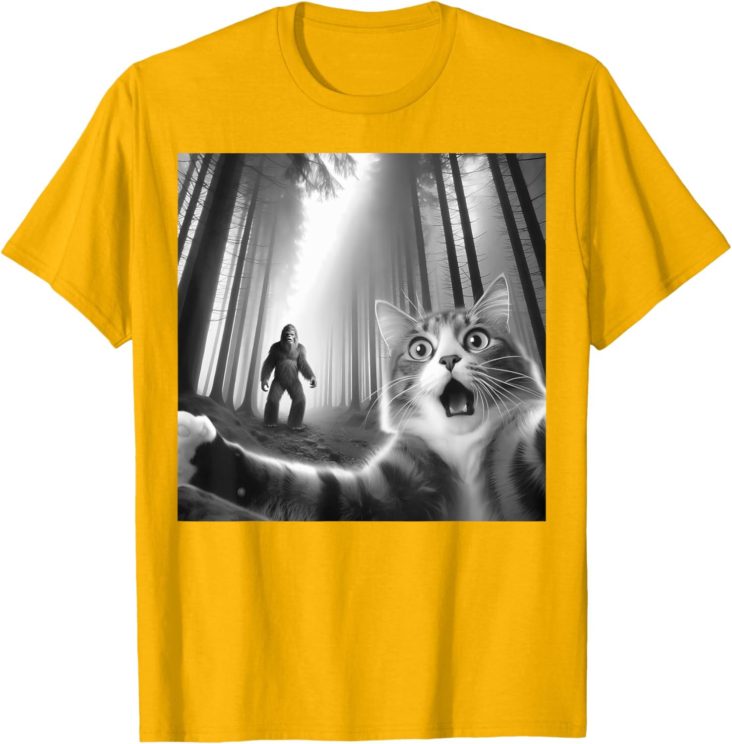 Funny Scared Cat Bigfoot Selfie T-Shirt for Men, Women, and Kids - 27