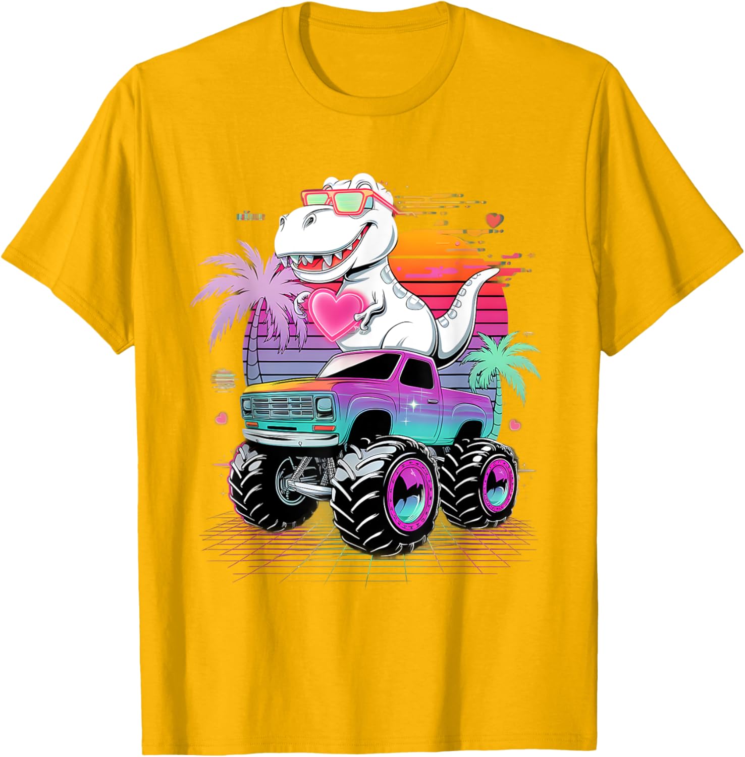 Valentine's Day T-Rex Monster Truck Vaporwave Kids T-Shirt for Boys - 4