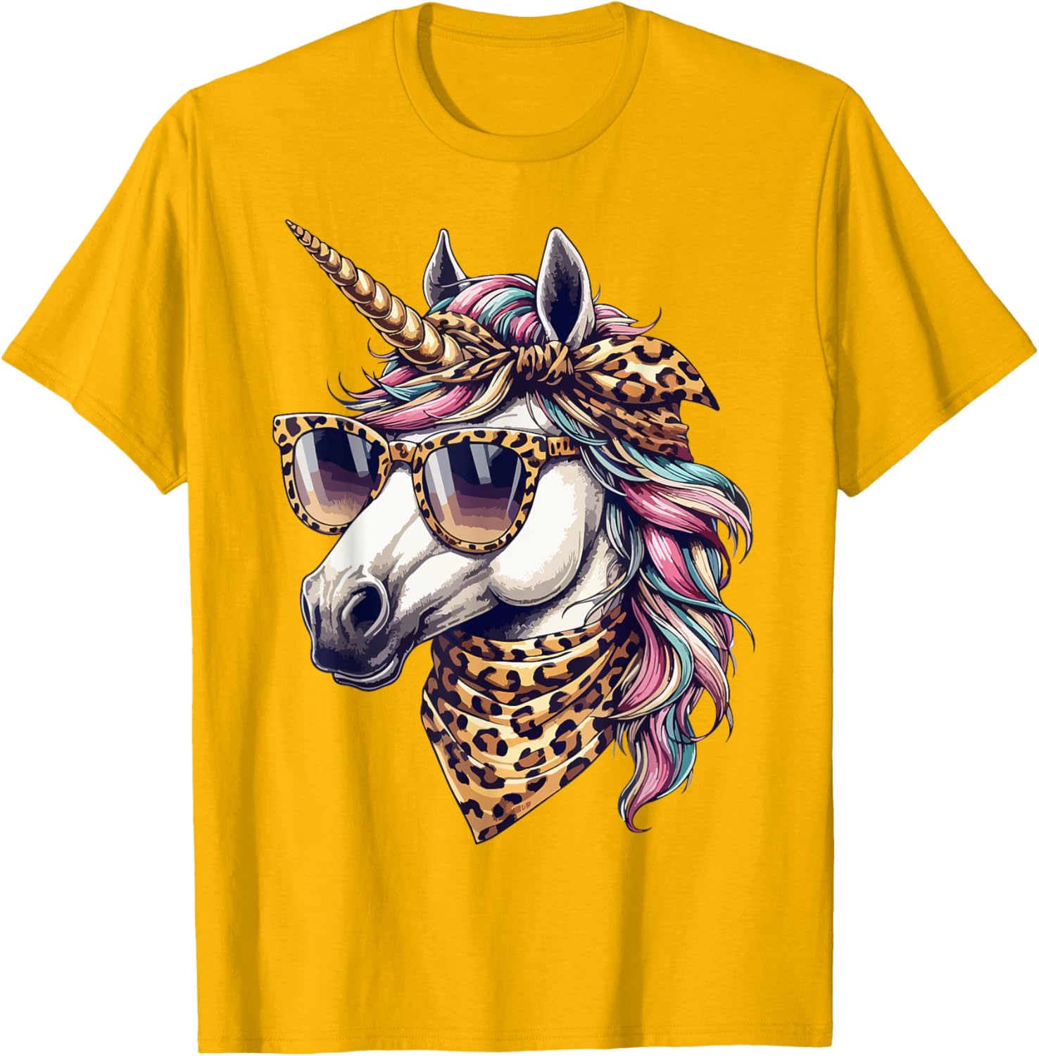 Whimsical Unicorn in Leopard Scarf and Sunglasses T-Shirt for Fun Style - 1