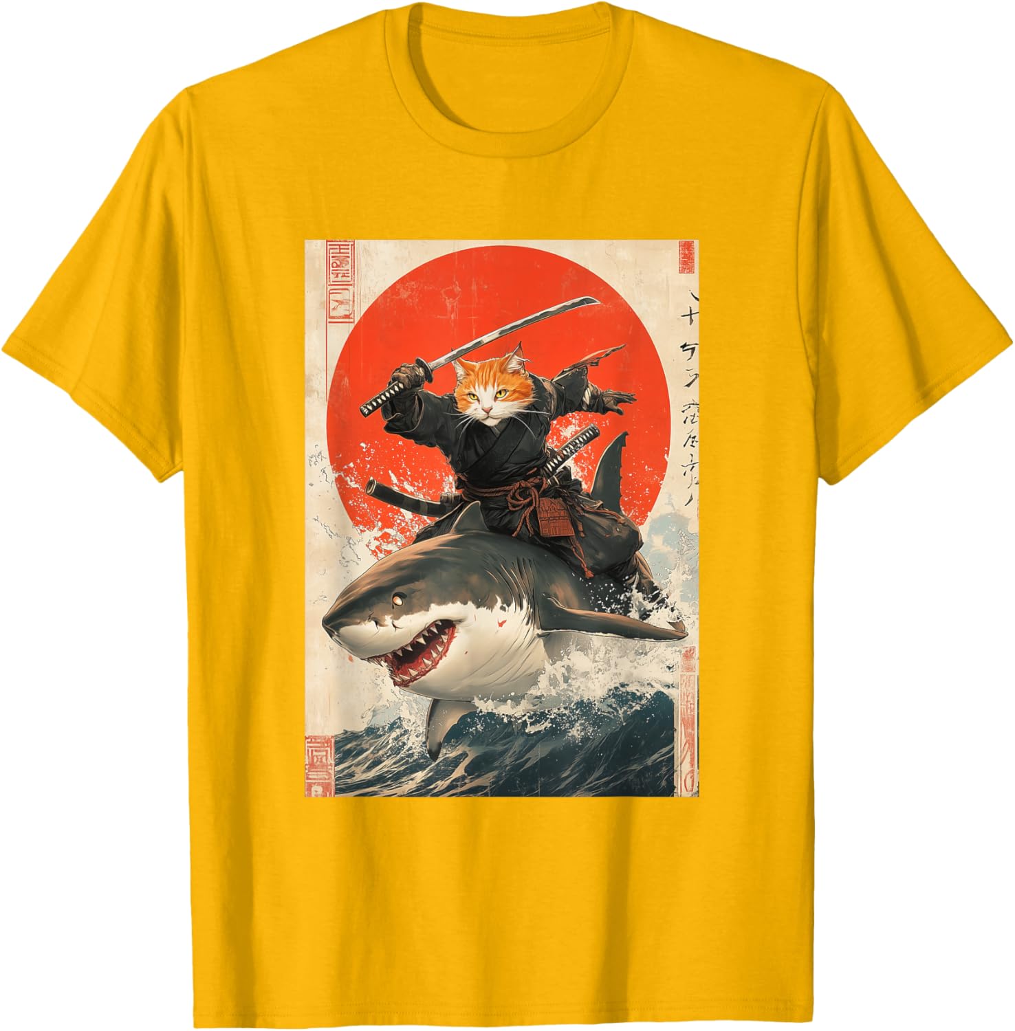 Ninja Cat Riding Shark Graphic Tee Cute Japanese Style T-Shirt for Cat Lovers - 21