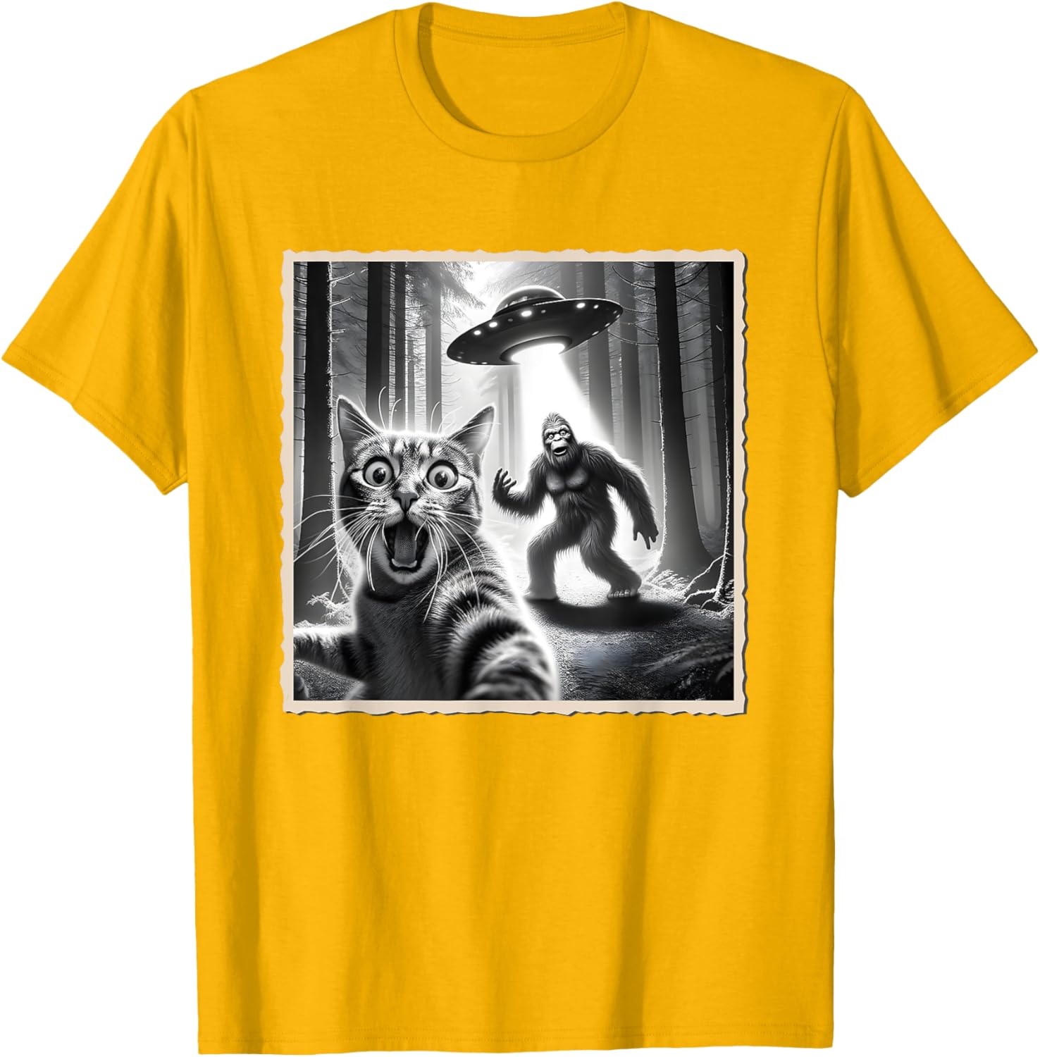 Funny Cat Selfie with Bigfoot and UFO T-Shirt for Animal Lovers - 29