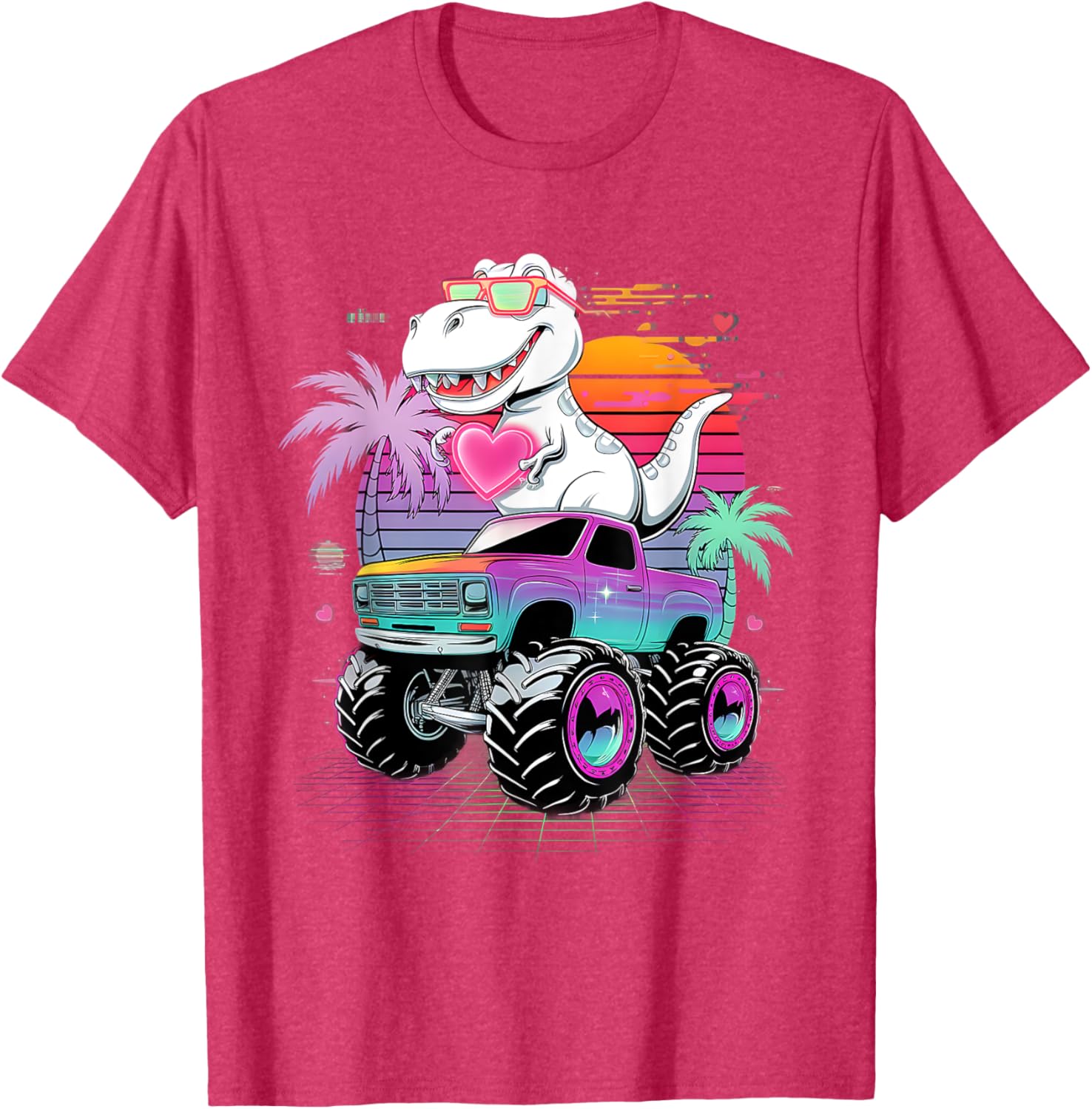 Valentine's Day T-Rex Monster Truck Vaporwave Kids T-Shirt for Boys - 3